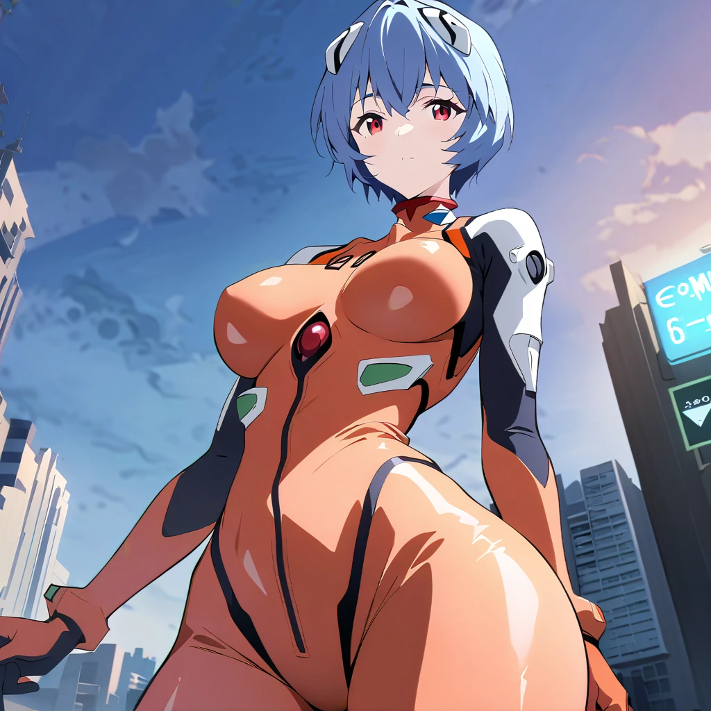 masterpiece, best quality, 1girl, ayanamirei, plugsuit, interface headset, looking at viewer, light smile, city park, upper body, arms_behind_back, black and white cloak