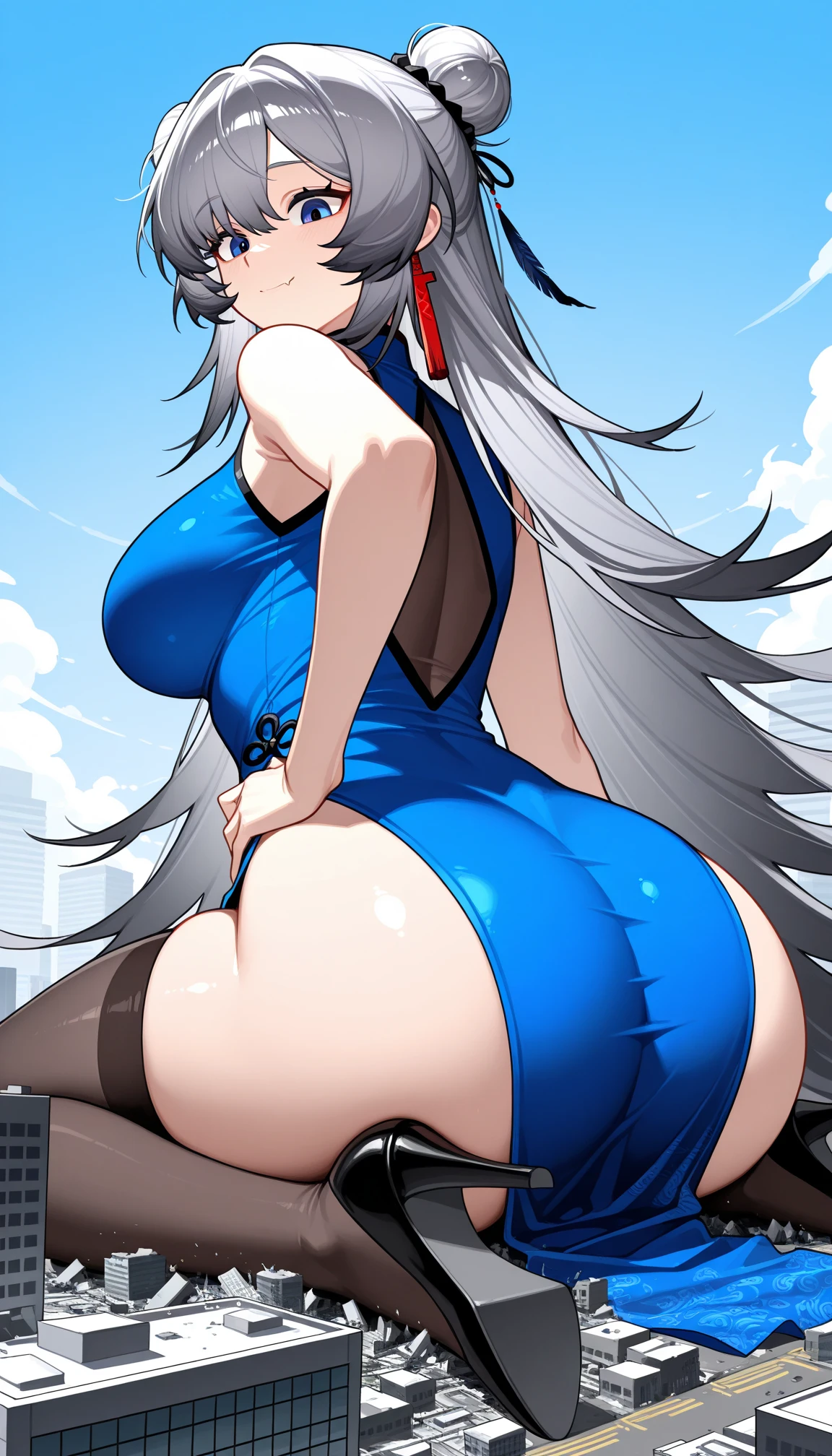 ((masterpiece)), ((best quality)), (ultra-detailed), ((kawaii)), cute, (lovely), ((extremely detailed)), 4K, (8K), best quality, (beautiful), full body, teenage, solo, (((gigantic breasts))), (((sagging breasts))), stylish pose, ((curvy)), xp-tan, xp hair ornament, detached sleeves, blue skirt, thighhighs, beautiful detailed shading, beautiful detailed background, (((world-class quality))), extremely detailed, high resolution, (detailed shaded pretty face), glowing detailed skin and hair,