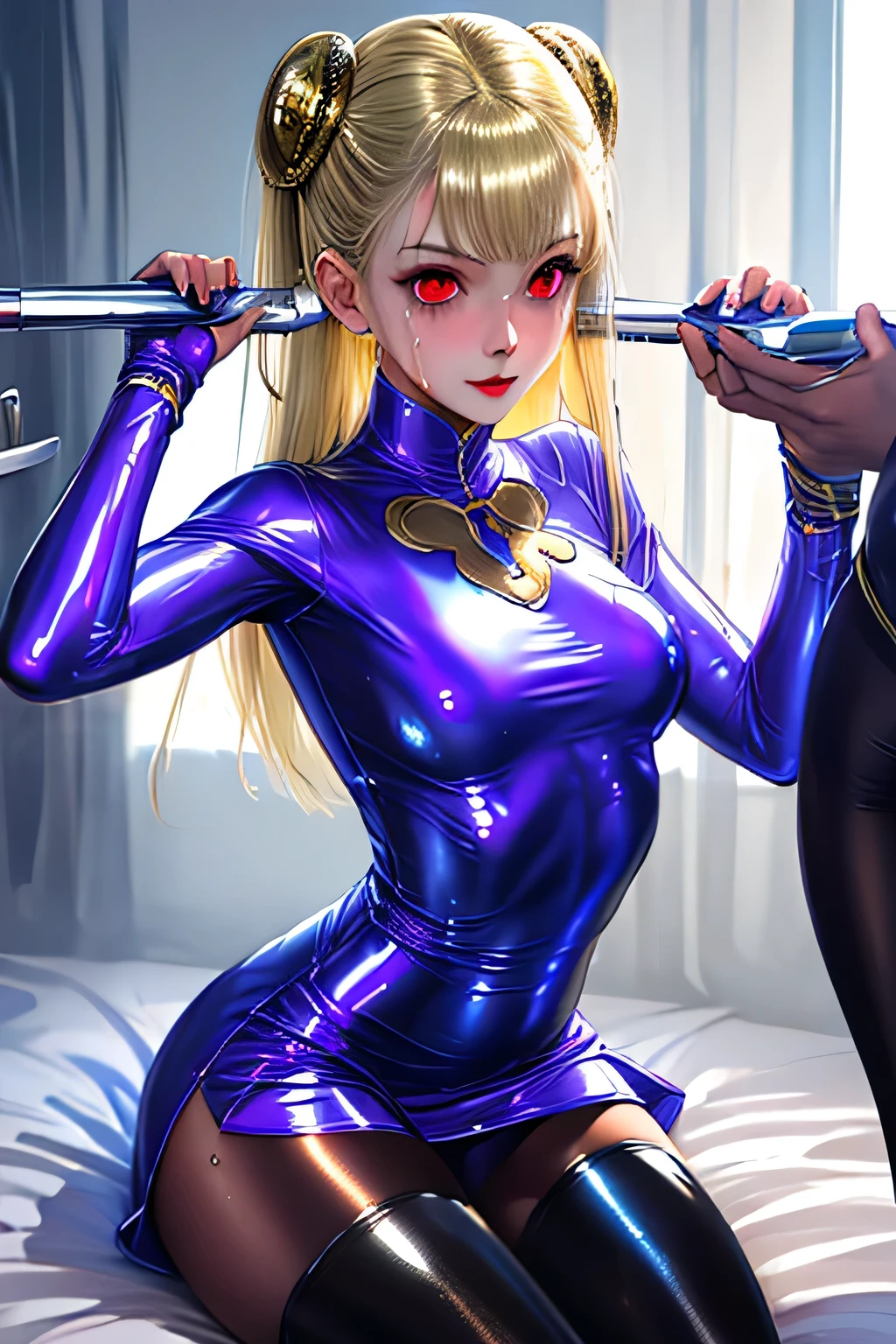 Shiny blond hair, loose hair, very long hair, sophisticated haircut, thin and oval face, very sexy and sophisticated transparent red dress, sexy blue latex catsuit, thighhigh stockings, embarrassed, submissive, nervous smile, cute and blushing 18 years old anime girl, look away because she is embarrassed and blushes, bright blue eyes, detailed face, detailed members, detailed arms, detailed hands, ((((sparkling diamond jewelry)))), tiara, ((makeup)), high heels, puffy sleeves, long gloves, long eyelashes, ((((shiny red transparent dress)))), Girl lying, tied by ropes, shackled, can no longer move, tied tightly, very hard tied up with lots of ropes, hampered by so many ropes that she can no longer move, bound hands and feet, ropes tie his whole body, tied extremely tightly and forcefully to her bed by a lot of ropes, its limbs are strongly tied together by ropes, his torso is tied up with thick cords, her chest is so tied up with ropes that it sticks out, her legs are tied tightly with thick ropes, his hands are tied behind his back with ropes, she can no longer move her feet, her hands which are tied by thick ropes, she desperately tries to free herself, likes to be tied tight with big ropes, likes to be immobilized by big ropes, lying down, his hands and feet are strongly tied to the railing of his bed, s'lie in bed by big ropes, his legs are pressed together and tied with ropes, its limbs are held vigorously by imposing ropes, her hands are tied securely behind her back by ropes, her chest is compressed by strong ropes, she is pressed against her bed and restrained by large ropes (shibari, arms behind the back:1.4), (hands on the back), (masterpiece, best quality) 1.5, 1girl, solo, (sexy, beautiful woman, perfect face, perfect eyes, perfect hands), samus aran, black leather dress, kneeling, (shibari, arms behind the back:1.4), (hands on the back), Spread the legs