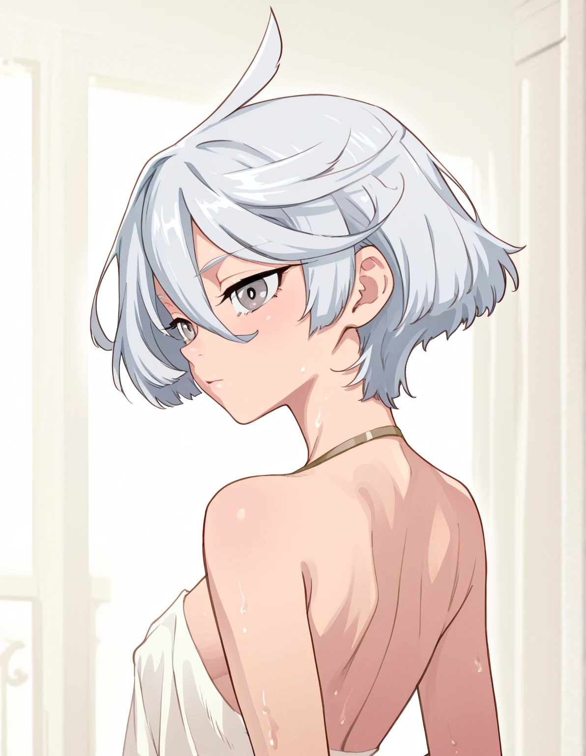 ((Biologically correct limb count))、(( Full-body photo including face))、4K、((Standing position))、masterpiece、((Focus on the face))、((Symmetrical facial features))、Eye for detailed depiction、Beautiful blue-haired woman、Excellent style、Beautiful clavicle、Beautiful feet、Beautiful Hands、Slender body、(stockings、garter belt、High heels）、Facial detailing、Small earrings、necklace、(No sleeve、Pleated skirt)、Lighting High Heels、tie、sunny、(((Photo frame with white border)))、Seductive posture、((She is sitting with her buttocks thrust back and her upper body arched, looking up.))、Looking at the night view、(Low - Angle、A camera angle that captures the inside of a skirt from below)、Silk gloves、(((Black Hair、Silver Hair)))、(((Moments of ecstasy)))、((Looking back))、Close-up photo of the upper body、