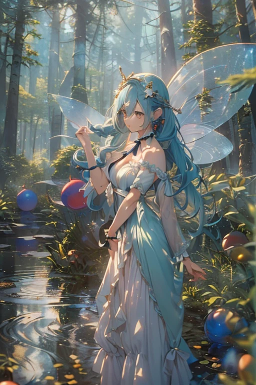 (masterpiece), best quality, highres, (realistic face: 1.1), (hyperrealistic: 1.3), 4k, 8k, detailed illustration, intricate detail, (night: 1.5), bright particles, floating, 1girl, (tight butterfly themed dress), butterfly style dress, see through top, diadem, skirt, (thigh skin: 1.3) ((full_body)), female in shape,, goddess, nymph, medium breasts, perfect eyes, sexy, (shiny skin: 1.2),(outdoors: 1.3), (nature background:1.3), (bioluminescent fern), bright moss, (small head: 0.5), cinematic lighting, sharp shadows, amazing quality, amazing shading, soft lighting, (symmetrical: 0.5), front camera, ultra-detailed,