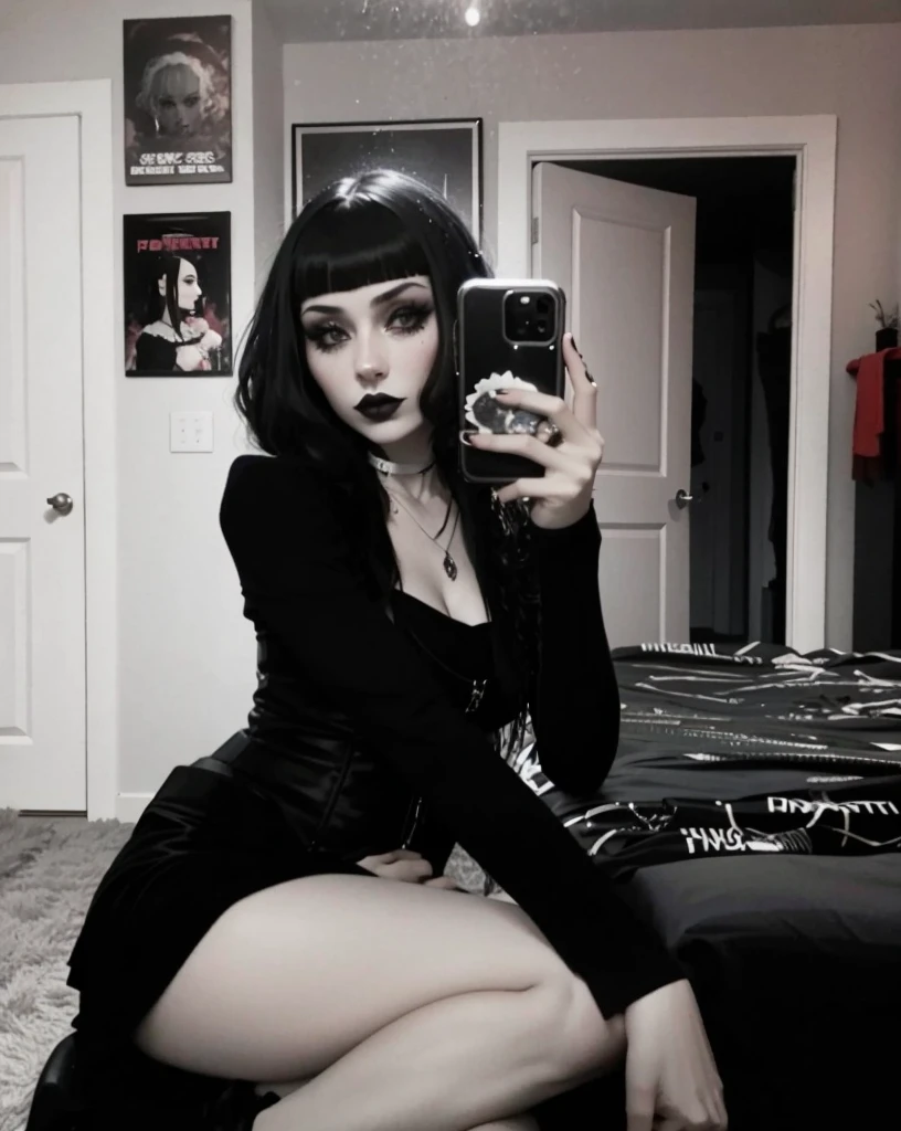 1girl, woman, goth, short bobcut with bangs, straight bangs, black hair, black lips, black lipstick, eyeliner, masacara, eye shadow, tshirt, apartment, goth girl, dark skin, african, sitting, goth makeup, dark eyes, smoky eyes, panties, full body, fishnets, arm tattoos