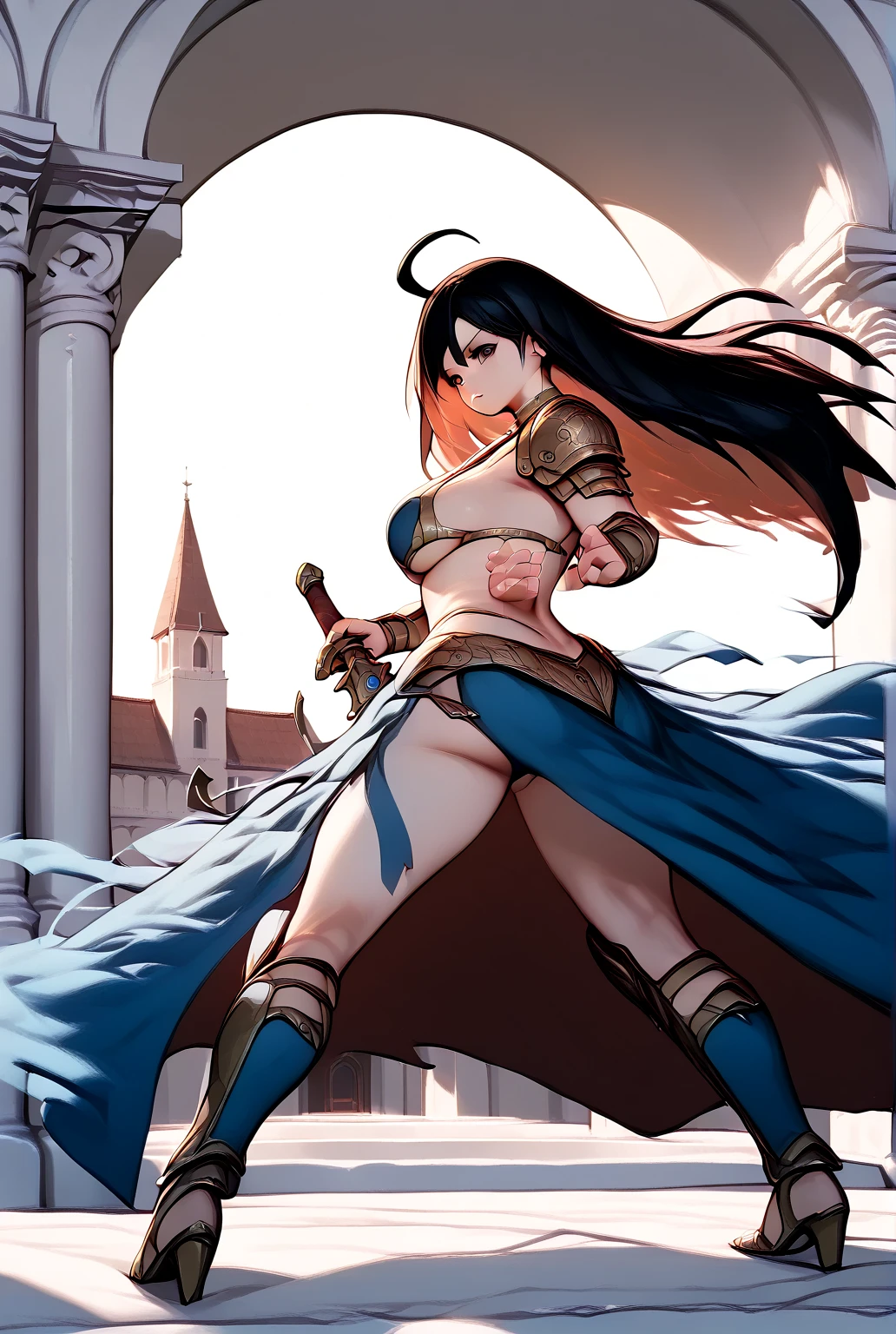 dark blue eyes, gradient hair, long hair, hime cut,hair over one eye,
1girl, large breasts, slender,parted lips,
tsurime, long eyelashes, makeup,eyeshadow,
cross necklace, , blush, lipstick, black hair, masterpiece, best quality, highly detailed, fantasy , a anime girls in armored dress holding a sword
posing for a picture, evil smile, smile, open mouth, breastplate with open cleavage, cleavage, warrior
outfit, ecchi anime style, anime girls, ecchi style, (nsfw) not safe for work, ecchi, digital anime art!!, in
anime style, official artwork, visual novel cg, beautiful anime girl, anime style 4 k , loincloth, exposed
belly, exposed navel, exposed midriff, exposed lower belly, pencil skirt armored, castle,inside castle