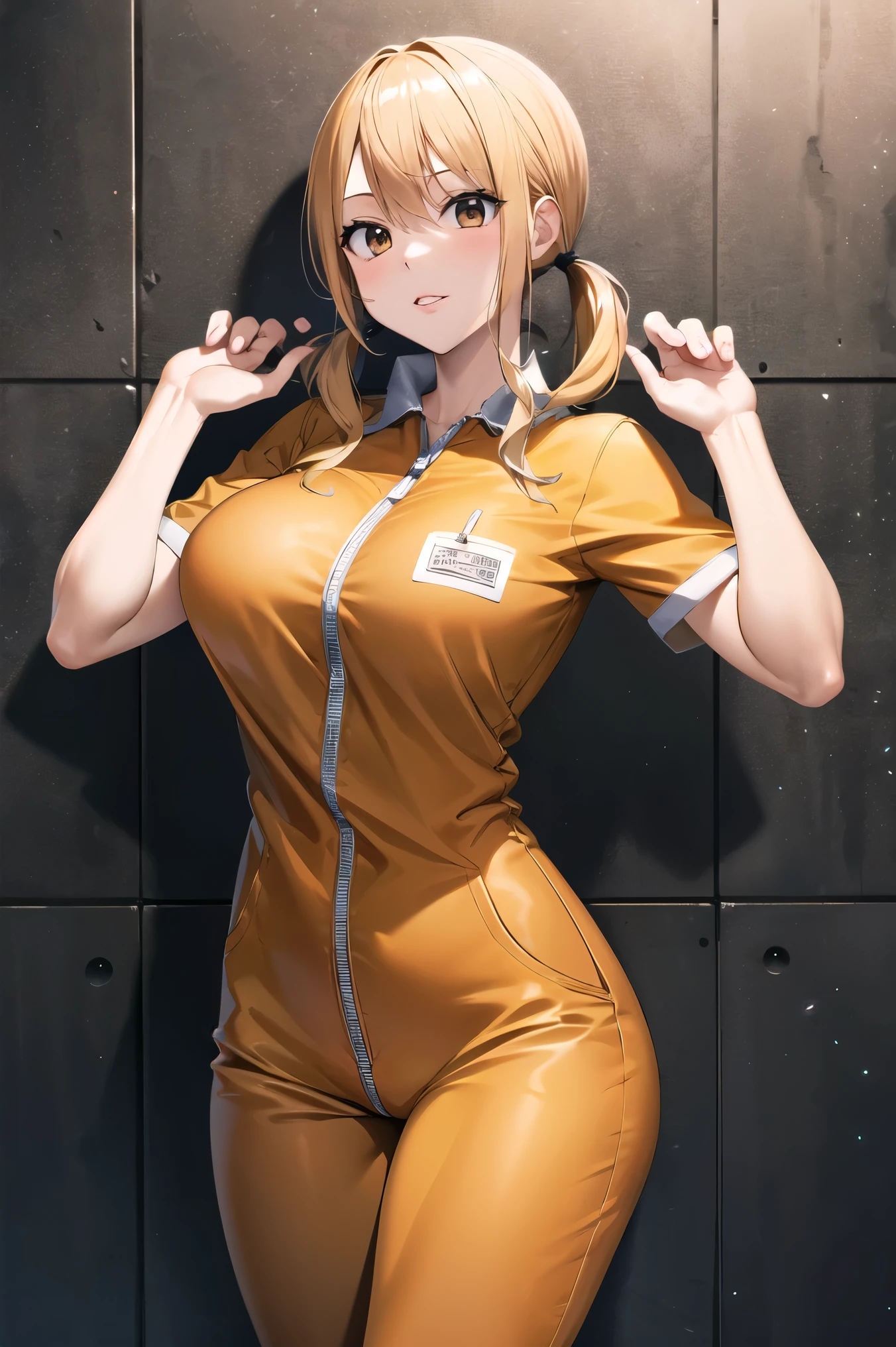mugshot, view the viewer, Huge breast, prisoner, prison girl, jailed, prisoned, orange prison jumpsuit, prison uniform, Handcuffed, Restrained, shackle, domina, jail cell, lock, long blonde hair, ponytail, blue eyes
