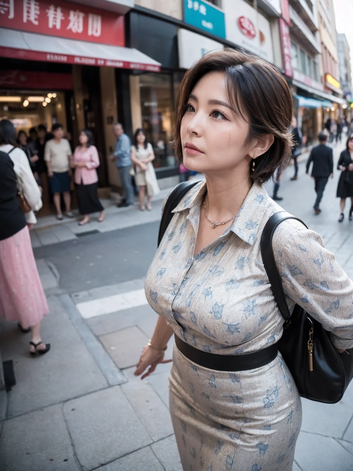 Beautiful and mature 55 year old Japanese woman, Married women, Aunt, Fine Lines, Long eyelashes, Glowing Eyes, Short Bob Haircut, (choker), (Deep Red Lipstick), elegant, Slim figure, Rosy Cheeks, Pearl Necklace, Earrings, Cute Smile, ((Summer clothes with floral pattern)), Beautiful body lines, Cleavage, Full Body Focus, Taken on a crowded train, Browsing Caution
