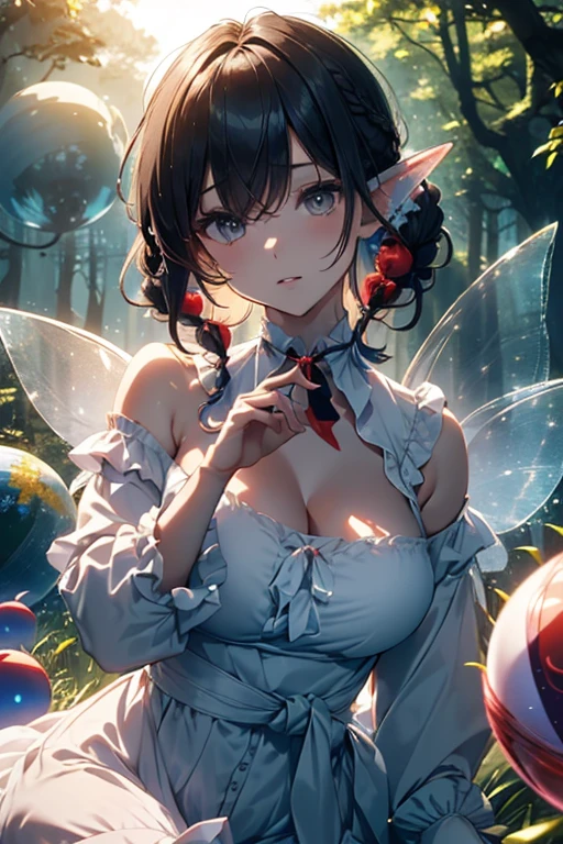 forest fae,a pixie cut,(((fairy wings:1.3))),(((The light of the orb envelops the fairy:1.3))),Deep in the forest,Sunlight,(((an animated character:1.3))),Anime-like fantasy world,(((Girl sitting:1.3))),(((reaching out her hand:1.3)),,Floral hair ornament,,Disturbance of clothing due to movement,breast slip,(((emphasizing breasts:1.3))),(((Enhance your driving motion with motion blur effects:1.3))),(Dynamic angles),(Dynamic and sexy poses),(bending forward:1.3),Colossal tits,Blush with embarrassment,Enraptured eyes,A smile that beguiles the viewer,Dreamy,Professional Lighting,realistic shadow,Solo Focus,Beautiful hands,(((Accurate five-finger:1.3))),(((Detailed finger features:1.3))),detailed clothes features,Detailed hair features,(masutepiece,top-quality,Ultra-high resolution output image,) ,(The 8k quality,),(Image Mode Ultra HD,)