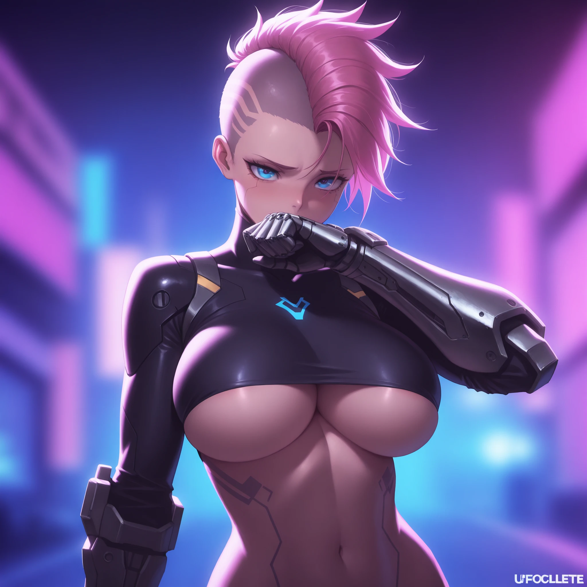 ((masterpiece, best quality, 4K, 8K)), solo, (cybergirl, robot girl, metal skin, sliver skin), (cyborg:1.1), cyborg face, robotic face, implants on face, (red eyes, glowing eyes), cyber eyes, robotic eyes, rainbow hair, (gasmask), cyber implants, robotic legs, robotic arms, gradient hair, multicolored hair, body tattoo, one side shaved, crouching, on the roof, night, neon, cyberpunk city, black leather jacket, cyber arms, cyber legs, holding laser rifle, ((huge breasts)) muscle female, abs ((nipples)) ((pussy))
