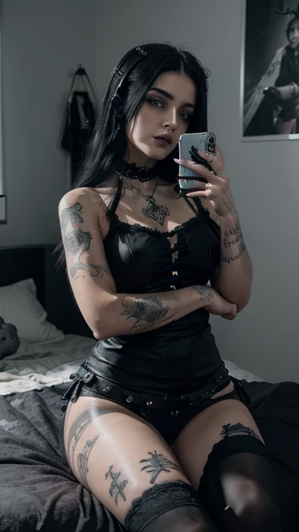Girl with straight black hair neither long nor short with green streaks, green eyes,REALISTIC 4K, small breasts, black top, black miniskirt, sticky, tacco alto nero che ride sadisticmente, petty, bulla, he has a whip in his hand,sadistic,REALISTIC 4K,slightly plump lips, On his knees there is a boy with his hands clasped begging for mercy, cries and screams in pain, he is tied to a bed while the girl is standing on the bed,REALISTIC 4K, you can see it all in the picture, you can see the bed, the boy and the very beautiful seductive girl