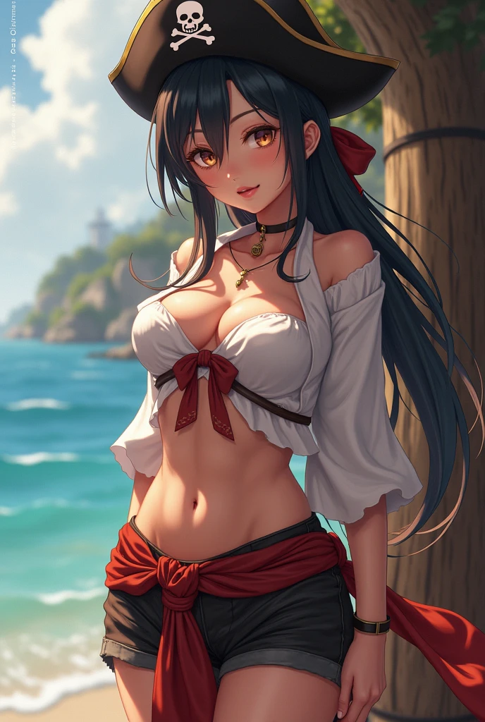 masterpiece, a elf with a straw hat in the beach, the girl is wearing a open shirt, the shirt is red, the girl is wearing blue shorts, the girl has yellow rope in the waist. perfect face, expressive eyes, cute, short sleeve, luffy cosplay, (straw hat:1), , BREAK (blue shorts:1.1), BREAK (red shirt;1),(open shirt:1), 1girl, solo, alone, cowboy shot, no_bra, medium sized breasts, sensual body