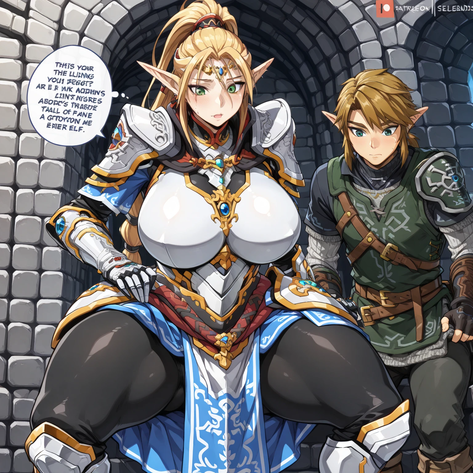 source_anime,score_9,score_8_up,screencap, anime screencap, BREAK, looking at viewr, pov, toppless, Smile、Cool men, 1girl, 2boys, male focus, blonde male, link, muscular, kneeling, zelda, threesome, front view, bisexual threesome, bisexual mmf, dark skinned male, huge penis, cooperative fellatio, fellatio, licking, tongue on cock