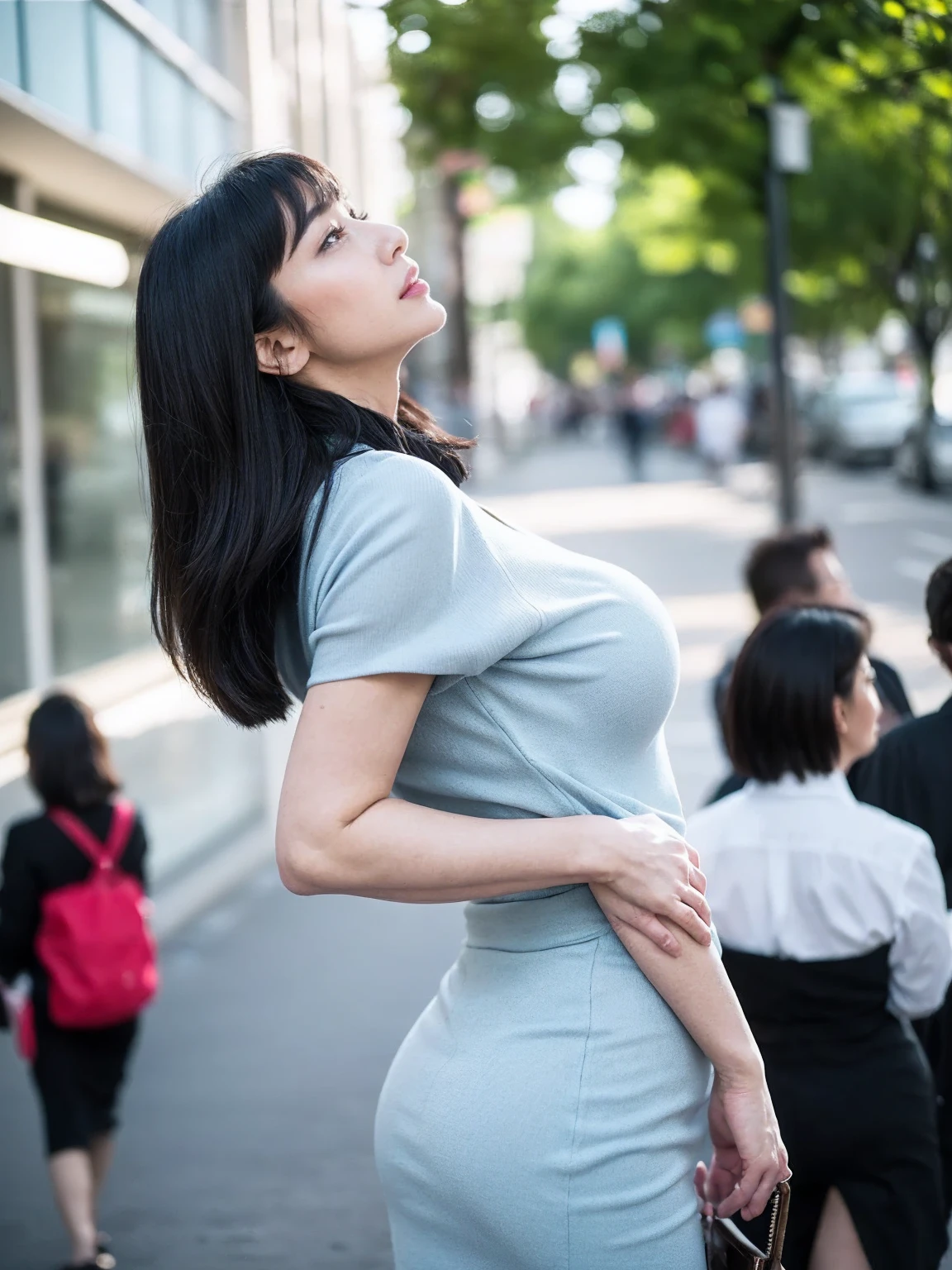 ((Highest quality)), ((8K)), ((Masterpiece rating: 1.3)), (Perfect appearance), (Photorealism: 1.6), (Cinematic light), (Stalked mature woman), (65 years old), {Mature woman secretly photographed walking, (YK)}, ((low angle View, fisheye lens)), (Candidly filmed in a busy downtown area with a lot of people), (see-through dress shirt), (Pencil skirt that clearly shows your hip line), (Mature woman's profile), (Gaze directed upwards), (Blurred Background, F2), (A street corner with many people passing by),