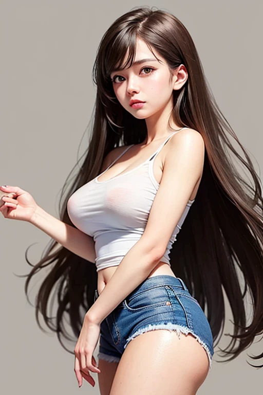 Beautiful 18-year-old brunette girl wearing a black shirt and high-waisted jean shorts, with a belt showing off her T-shaped belly button.
