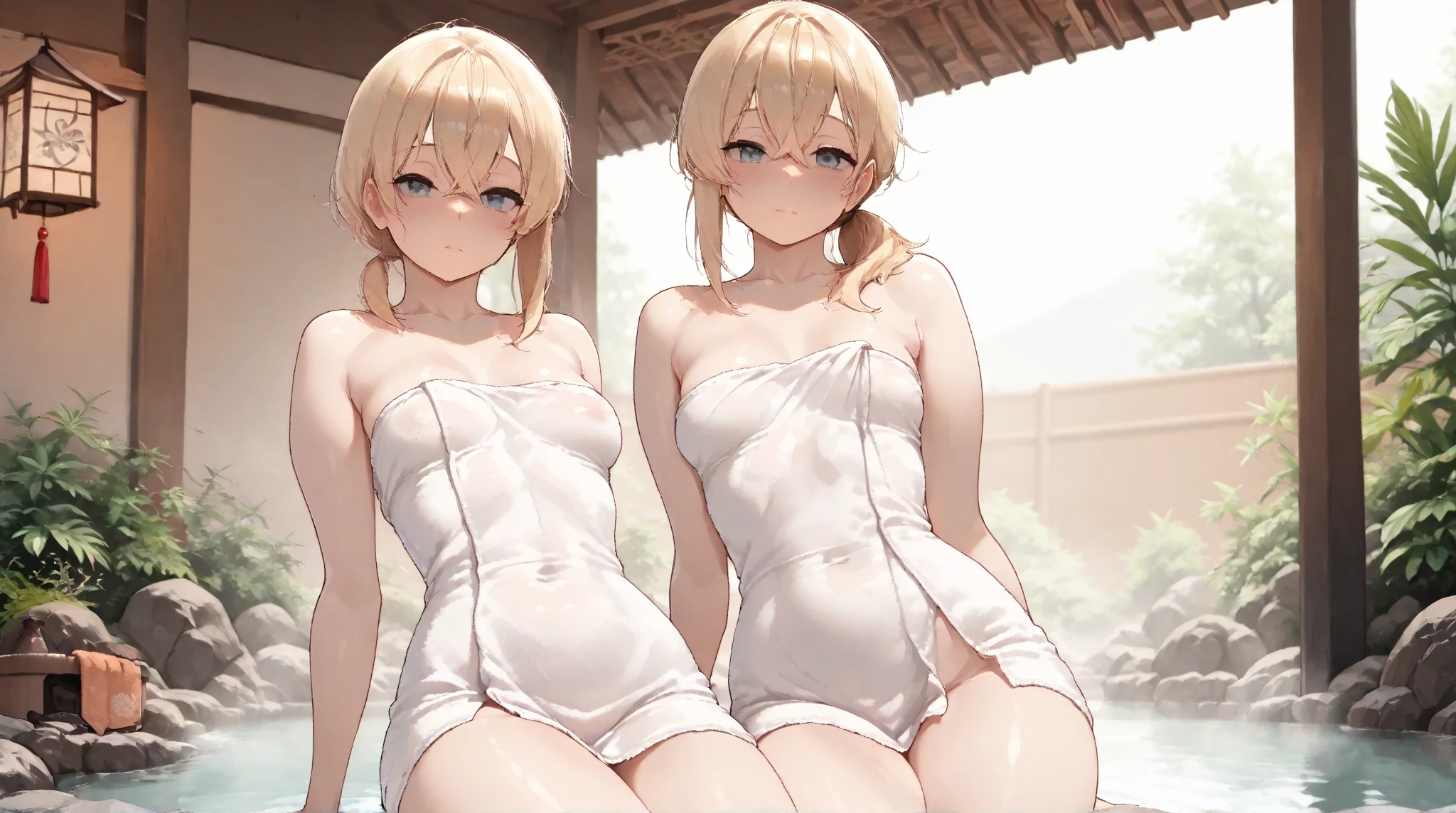 (masterpiece:2.0), (top-quality:2.0), (leaning forward naked in the hot spring:1.5), (Super Sexy Pose:1.5), (from below looking up:1.5), (Perfect exposed shoulders:1.5), (Perfect exposed nape:1.5), (blushed face:1.5), (hide crotch with hands:1.5), (hiding chest with hands:1.5), (spilling boobs:1.5), (Realistic:1.5), 1 very cute girl, Precise little hands, Embarrassed look to see me, light smile, Innocent face, Young Face, Clear eyes, Shining eyes, very tiny chest, side boob is visible, shoulder is visible, cleavage of the breast is visible, No pubic hair, Dynamic Posing, Beautiful skins, ultra-definition, Top resolution, Japan High School Student, Golden hair