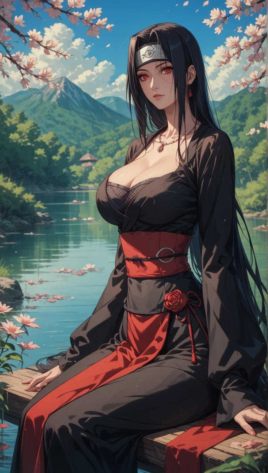 masterpiece, best quality, 1girl, red eyes, long hair, black hair, sitting, red kimono, medium breasts, topless, embarrassed, nature, bridge, breasts, elf, perfect skin, vaginal, open legs, open kimono,