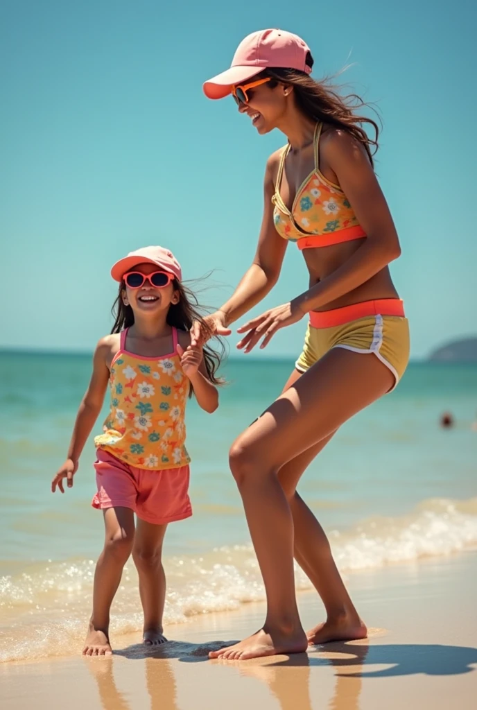 Family with 3 young roux-blond children, happy to go for a bike'ride, along the beach near the family castle in colorful 2 peaces short swimsuits on a hot summer day after swimming.