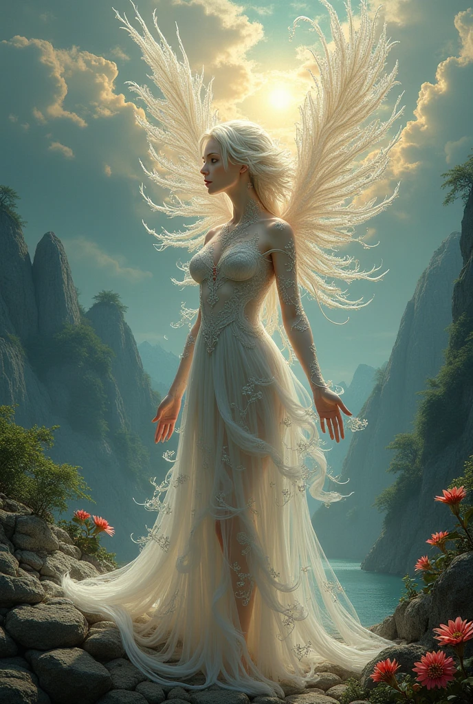 ((best quality)), ((masterpiece)), (detailed), realistic, photo,  in dress white , alluring succubus, ethereal beauty, perched on a cloud, (fantasy:1.3), enchanting gaze, captivating pose, delicate wings, otherworldly charm, mystical sky, (Luis Royo:1.2),  moonlit night, soft colors, (detailed cloudscape:1.3), (high-resolution:1.2)