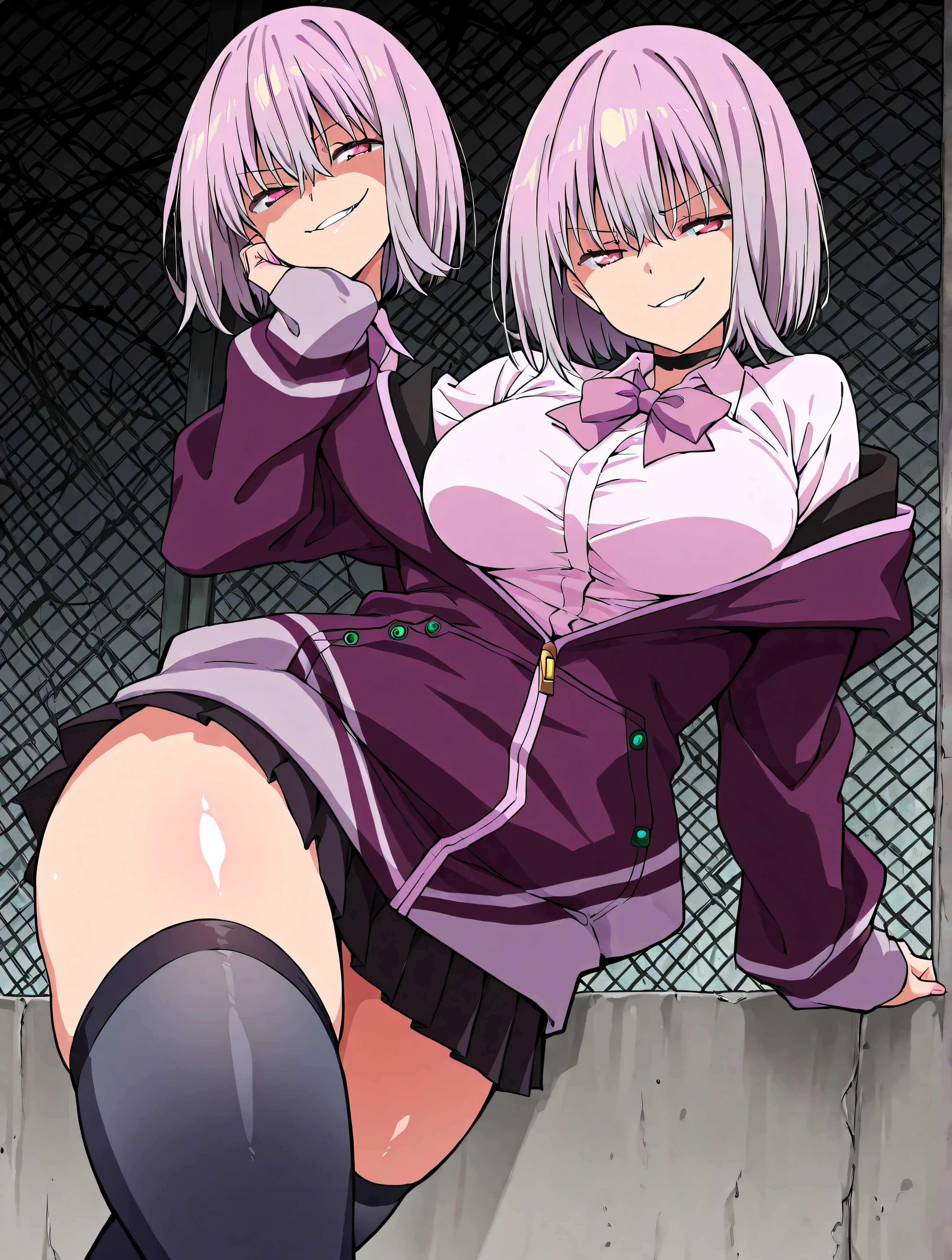 {{mash kyrielight}}}, light purple hair, short hair, middle breasts, purple eyes, glasses, ,bare shoulders, (black dress, collared dress, sleeveless dress, red necktie,) black pantyhose, miniskirt, ,(gray parka, long sleeves, open clothes, hooded parka),penis, anal sex, back, bottomless, {best quality}, {very aesthetic}, {ultra-detailed}, {best illustration}, nsfw, orgasm
