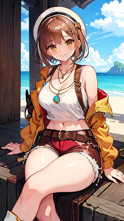 ((highest quality)), ((masterpiece)),High resolution,Sharp focus,(Super detailed,Very detailed),(Very detailed CG unity 8k wallpaper),
(((Vibrant colors))), Perfect Face,
Liza Lynn Stout, Raisalin Stout,
Big Ass,Big Breasts,glamorous_expensive_Tight waist_Long legs,curve,Thighs,curvy,
very shiny 肌,Shiny body,plastic glitter 肌,exaggerated shiny 肌,illuminated skin,
cute,Lewd,erotic,Bold,Camel Toe,short hair,Brown Hair,Knee socks,gloves, brown gloves, 片手gloves,レザー gloves,
White Hat, Star Necklace,hair ornaments, (Brown eyes:1.5), Hair Clip,
8k wallpaper, (figure:0.8), (Beautiful fine details:1.6),
Very detailedな顔, Very detailedなCG, (Perfect hands, Perfect ???????),
smile, Open your mouth,Shy laugh, side-tie bikini,cracked cobblestone,Mossy wall,Beyond the Clouds, Surrounded by water, reflection,Breathtakingly beautiful clouds,Beach,Place your hands behind your head,Sitting on the stairs,Open your legs,