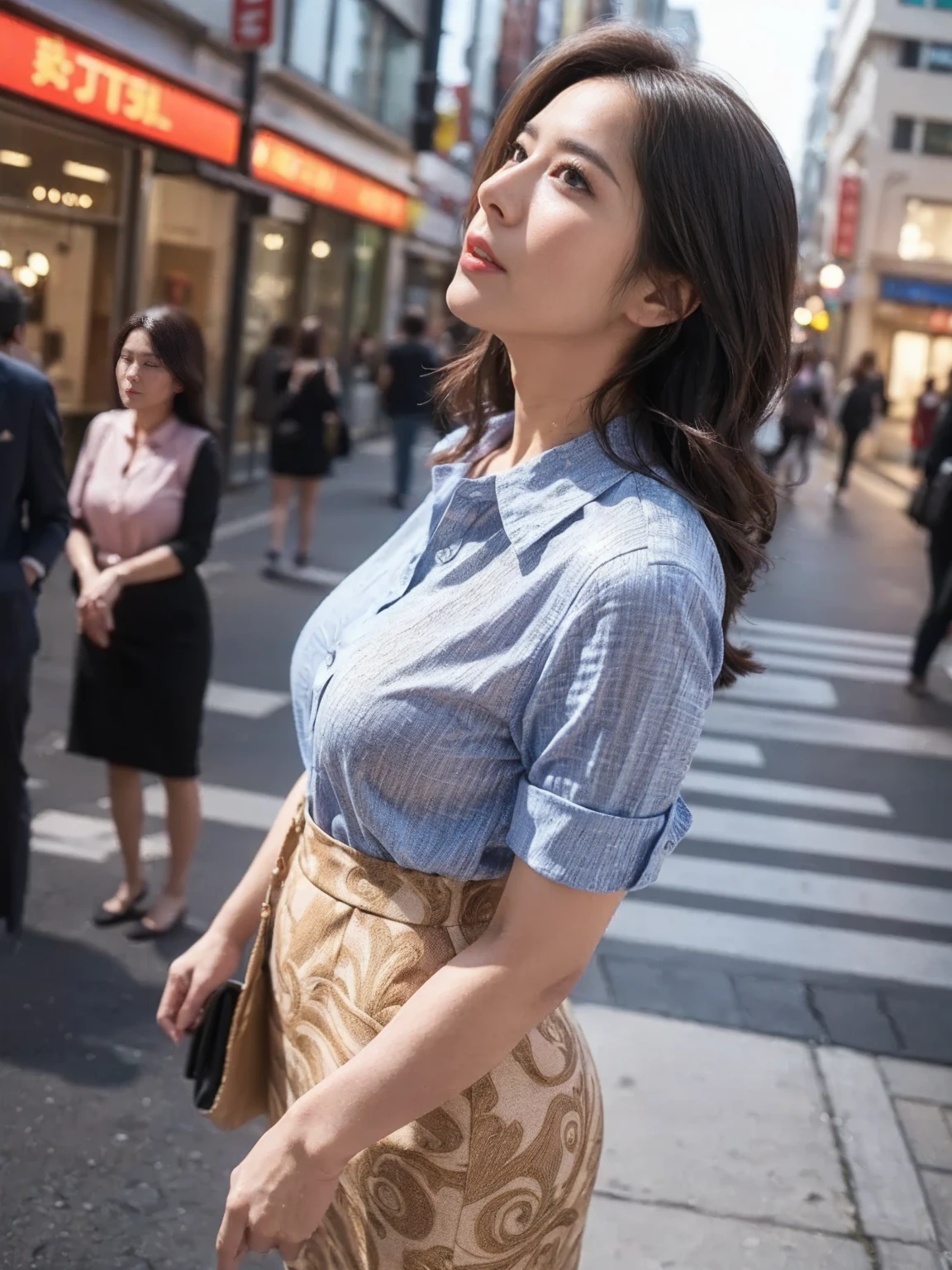 a beautiful face of a 20 year old japanese actress is man's own one, man's short hair cut, shirt is worn, woman's large breasts are man's own one, man's crotch and woman's legs are parts of one body, a large penis of man's naked crotch is erect and exposed, standing, at street in the city, nsfw, best quality, highly detailed, masterpiece, ultra high res, photo realistic, 8k