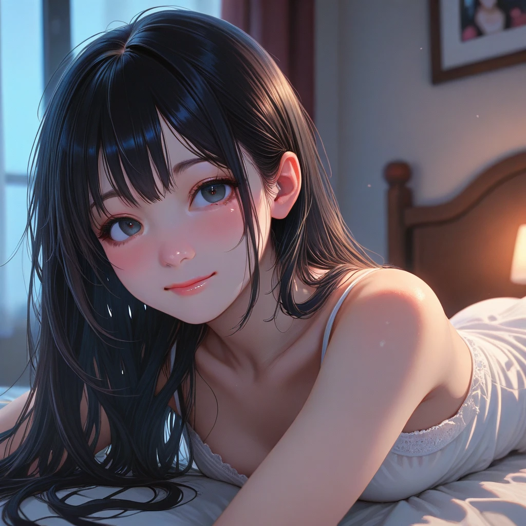 masterpiece, highest quality, One Girl, View your viewers, Small waist, RAWphotograph、Accurate fingertips、 Ultra-realistic, High resolution, photograph, Sharp focus, Most detailed, Very detailed, Very detailed, In detail, Very detailed目と顔,Very detailed手と指、Idol、Thighs, beautiful girl,View your viewers, Small waist,Symmetrical face, whole body、Skin-tight white clothing、No sleeve、White lace、barefoot、Cleavage、Large Breasts、Beautiful clavicle、Long Hair、Beautiful belly button、Happy expression、Lie down with your legs spread、Sleep on your back、