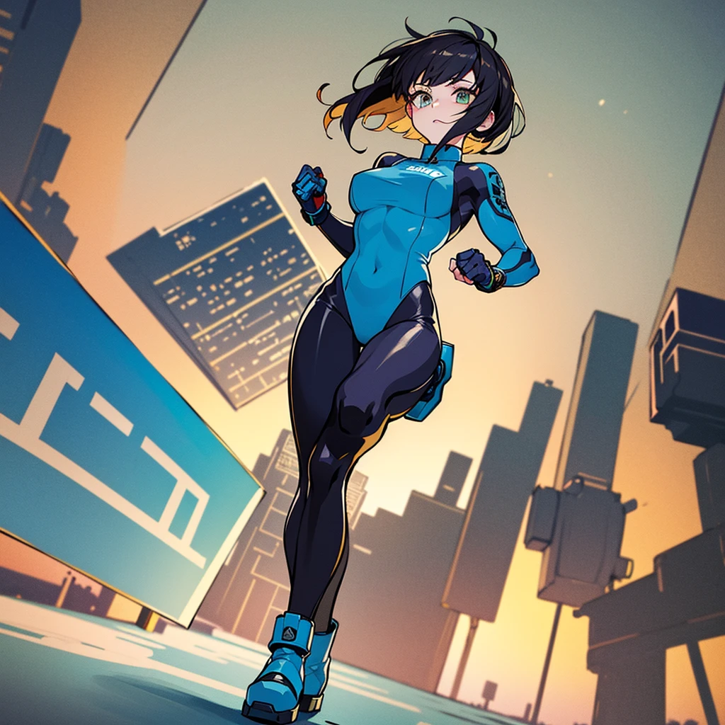 Best Quality，T Masterpiece，Ultimate resolution，１８Old female fighter，Slender、Very slim、Small face、cute、（Kneeling pose），Super Short Hair，((A tight-fitting black combat uniform with a shiny enamel finish:1.0))，Black Hair、Peace talks between warring factions,attention arousal, smart blue eyes,Tight Suit，gloves、Steel City Background，night