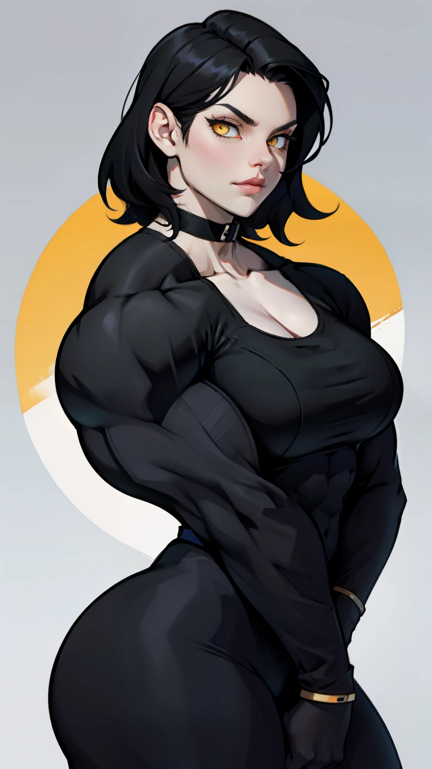 pale angry muscular girl thick breast black hair yellow eyes hair between eyes matte black spandex matte black spandex matte black spandex matte black spandex