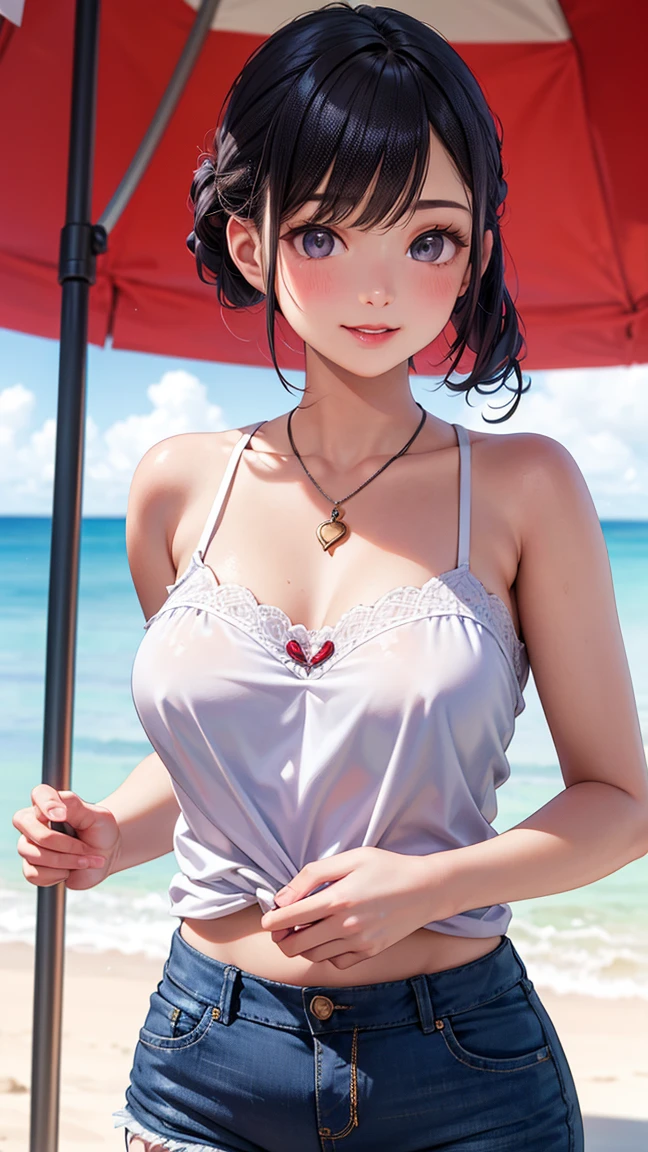 ((((masterpiece, best quality, high resolution)))), Extremely detailed 8K, Beautiful girl with voluptuous body, (Ultra HD, Ultra-detailed, Highly detailed, Highly realistic, Ultra-realistic, photograph realistic), (1girl:1.5), (Realistic black hair), (short wavy hair, hair ornaments, earrings), (dynamic poses), facing at camera, looking at viewer, (blushing red, embarrassed, smile), (green eyes, sharp eyes), (big perky breasts:1.2), (beautiful detailed face, beautiful detailed eyes), ((white loose sundress, oversized sunhat)), (detail pussy), (standing up), sweat, glow, (sunbeam, sunlight), ((cowboy shot)), beach, seductive
