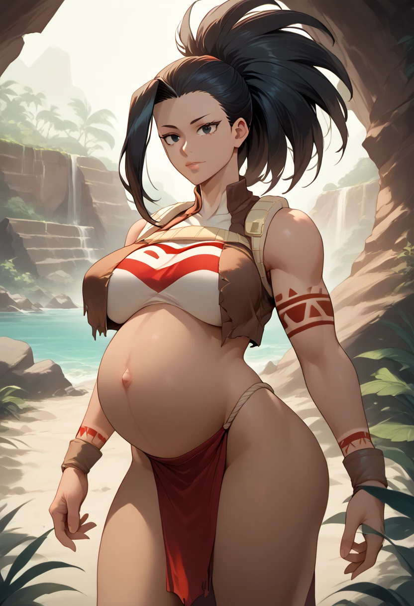 1girl, solo, multiple colored hairs, smile, leaning forward, outside, posing, background, amazon warrior outfit, ponytail, (frontal view), front, face to face, front view, , (tomboy), black hair, slender, pert ass, high details, sharp detailed face, detailed eyes, young, long and wild amazon hair, amazon, long hair, tattoo, tanned, in a tribal village with leaf huts and tents, very small breasts, fur, revealing amazon outfit, ikuchan, thong, pregnant, pregnancy, pregnant belly. Scar, scars en arms, scars on belly, scars on legs.