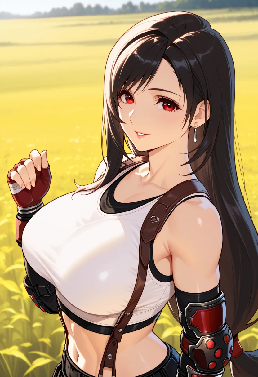 (score_9,score_8_up,score_7_up),BREAK source_anime, masterpiece, best quality, (recent), perfect anatomy, very aesthetic,zentangle,anime style,highres, mediumshot,Solo,1girl, tifa lockhart, final fantasy,black hair, low-tied long hair, red eyes, bangs, (white tank top,gap),(High exposure,the ribs),lips,,,,(belt, pleated skirt, thighhighs, elbow fingerless gloves, elbow pads, midriff, navel,suspenders.skirt),beautiful waist ,(large_breast:1.3),light smile,,,outdoor,star sky,night, hands on own hip,skin tight, looking at viewer, depth of field