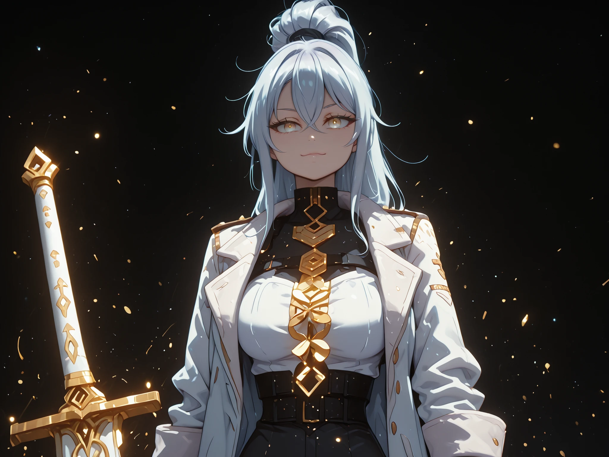A young female character, black background, with the same height and body type as Alisa Mikhailovna Kujou from Alya Sometimes Hides Her Feelings in Russian. She has silver hair tied in a long ponytail like Sylpha Langlis from Tensei Shitara Dai Nana Ōji, and the same facial features as Sylpha Langlis from Tensei Shitara Dai Nana Ōji: flashy golden eyes, but with a provocative and confident smile. She wears a black tactical military uniform that covers her from neck to breasts, exposing her abdomen, she wears very loose black military pants with military boots that are also black, she wears a white military coat that is falling over her arms and is extremely detailed with several gold medals and military crests, coat falling over her arms, the character is short and has the height, short character, young character.
Her pose is bold and confrontational, looking directly at the viewer (screen), and an expression full of confidence. The overall style should be detailed and colorful, matching the rendering quality, but with a cyberpunk feel and a younger feminine appearance, by Alisa Mikhailovna Kujou from Alya Sometimes Hides Her Feelings in Russian, The character is a teenager, the character is short and has the height, short character, young character.
The character is holding a huge large sword whose blade is extremely wide and long, the large sword is completely black and rustic, as if it had been forged from a meteor.
The character has large breasts, a large butt, wide hips and a thin waist. The character is young and short, being just a child, her height is 1.5 meters.