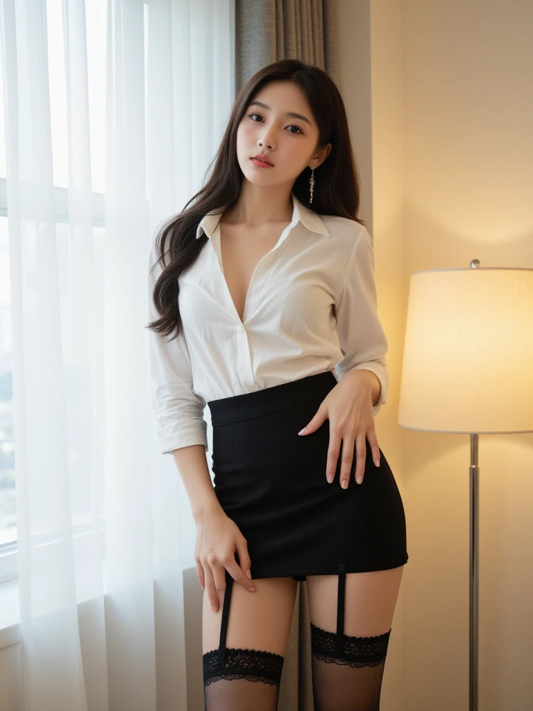 1girl, Big breasts,little smile, long hair,Lace shirt,shirt, skirt, cleavage, indoors, white shirt,see true, light fabric, office, realistic, looking at viewer, solo, bag, collared shirt, office lady, holding, brown hair, parted lips, lips, shirt tucked in, phone, partially unbuttoned, window, black skirt, dress shirt, mole, standing, blurry, large breasts, black hair, pencil skirt, long sleeves, collarbone