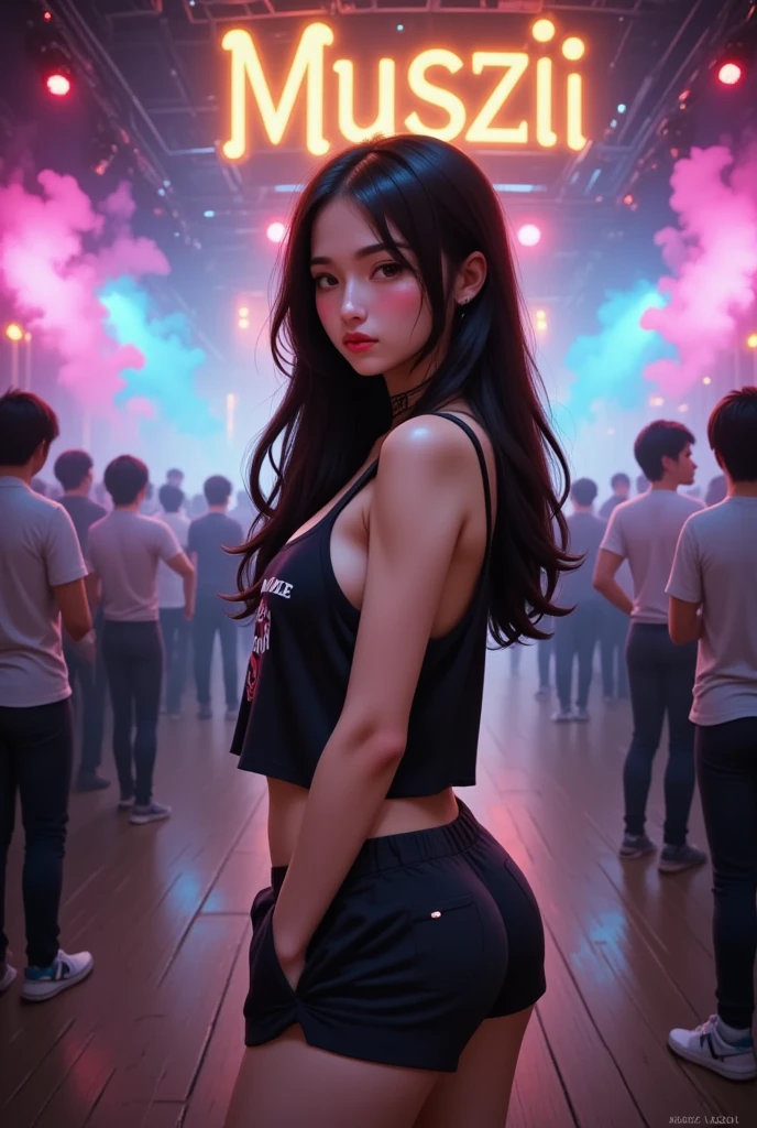 A young, extremely beautiful woman, dancing on stage, smiling, sweating, wearing a semi-transparent sailor uniform bodysuit:1.5, ribbons, sailor hat, member of an idol group, left hand on her waist, right hand in a two-finger salute gesture, Beautiful exquisitely detailed body and face, ideal figure, big breasts, tight waist, beautiful navel, detailed thighs, beautifully detailed eyes, beautifully detailed mouth, flowing black hair, (best quality,4k,8k,highres,masterpiece:1.2),ultra-detailed,(realistic,photorealistic,photo-realistic:1.37), (anatomically correct body structure), intricate details, dynamic pose, dramatic lighting, vibrant colors, stage performance, idol aesthetic, expressive face, detailed clothing textures, emotional expression