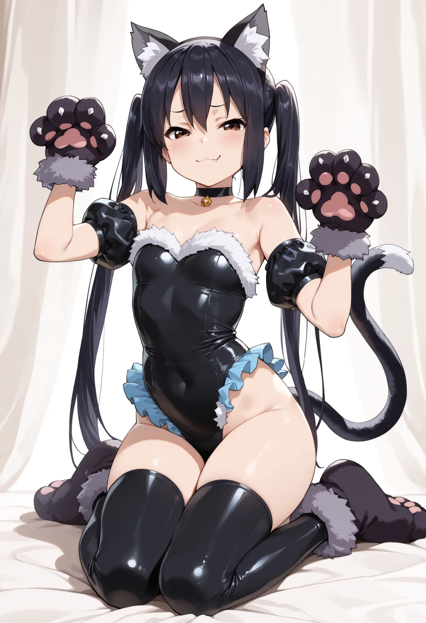 Dobby,1girl,animal ears,armpits,arms up,bangs,black gloves,breasts,brown eyes,cape,cat ears,cleavage,clenched hand,clenched hands,clothes writing,clothing cutout,covered navel,earmuffs,earrings,fake animal ears,fighting stance,fingerless gloves,flexing,full body,fur,fur-trimmed boots,fur-trimmed cape,fur-trimmed capelet,fur-trimmed cloak,fur-trimmed coat,fur-trimmed gloves,fur-trimmed hood,fur-trimmed jacket,fur-trimmed legwear,fur-trimmed sleeves,fur boots,fur cape,fur coat,fur collar,fur scarf,fur trim,gloves,jewelry,large breasts,long hair,looking at viewer,medium breasts,one-piece swimsuit,paw pose,pelt,pet play,pose,punching,raised fist,sandals,sleeveless,smile,solo,squatting,stirrup legwear,stretch,swimsuit,thighs,thumbs up,toeless footwear,toeless legwear,toenail polish,toes