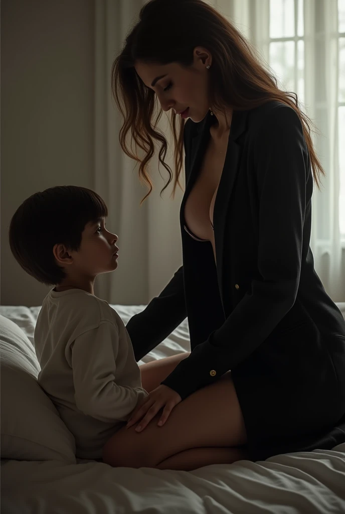 there is a woman and a boy posing for a picture in a bedroom, woman is fair skinned, boy is tanned