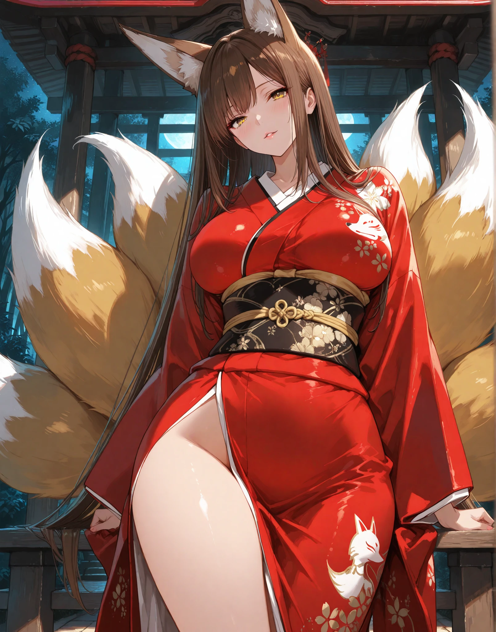 (masterpiece, best quality:1.2), 1girl, black hair,red eyes,lash-grazing bangs,long sidelocks hair,solo,miko custom,fox ears,fox girl,fox mask on the head,detached sleeve,skin fang,lying,kimono,wide sleeves,armpit,2legs,hand up,sideboobs