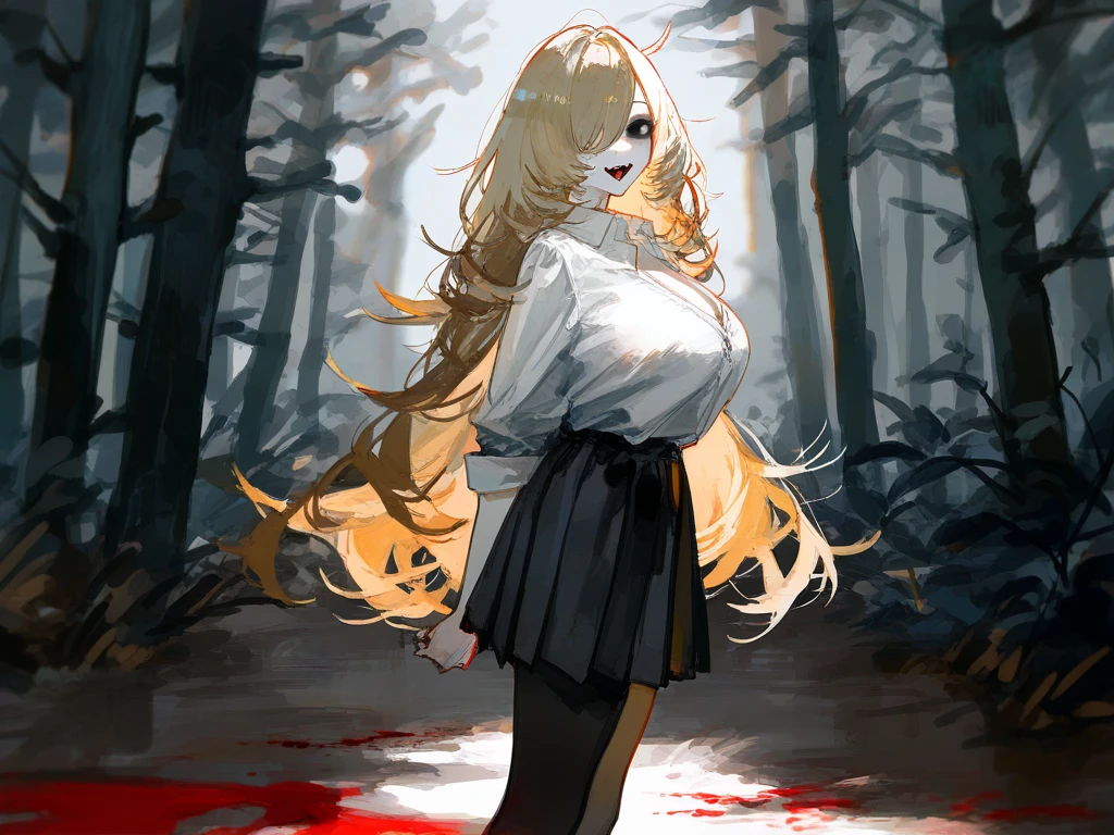 ((women, of different sizes,((bandages on their breasts, mini skirt, small breasts,((very long black and white hair, black and red eyes, hopeless face)),((standing, 1 arm behind back)),in a haunted forest, at night,