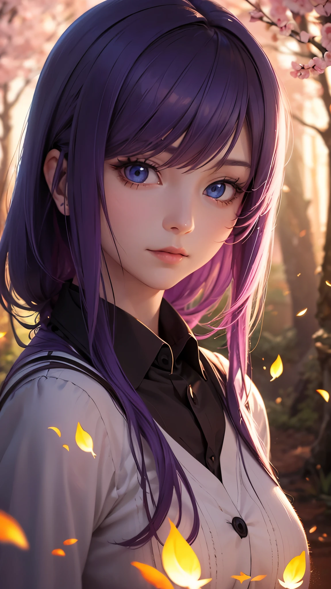 a beautiful anime girl, purple hairs, beautiful eyes, detailed portrait, realistic, photorealistic, 8K, hyper detailed, sharp focus, physically-based rendering, professional, vivid colors, warm lighting, magical forest, glowing fireflies, sakura petals, golden hour, soft bokeh