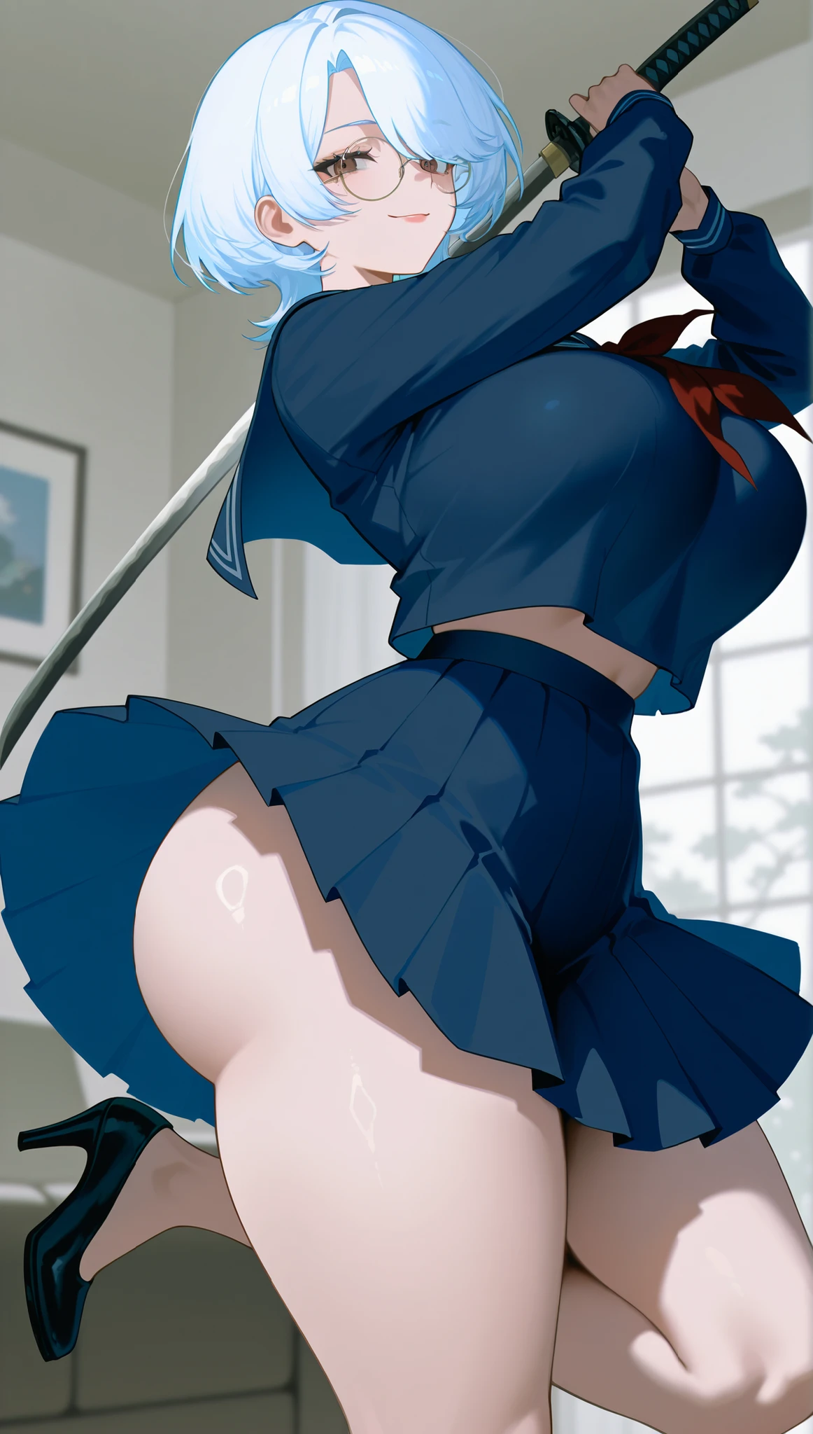 (masterpiece, Highest quality:1.2), One girl, alone,Are standing_Split, Watanabe You, Long Hair,black sleeveless short vest,Blue Skirt,black