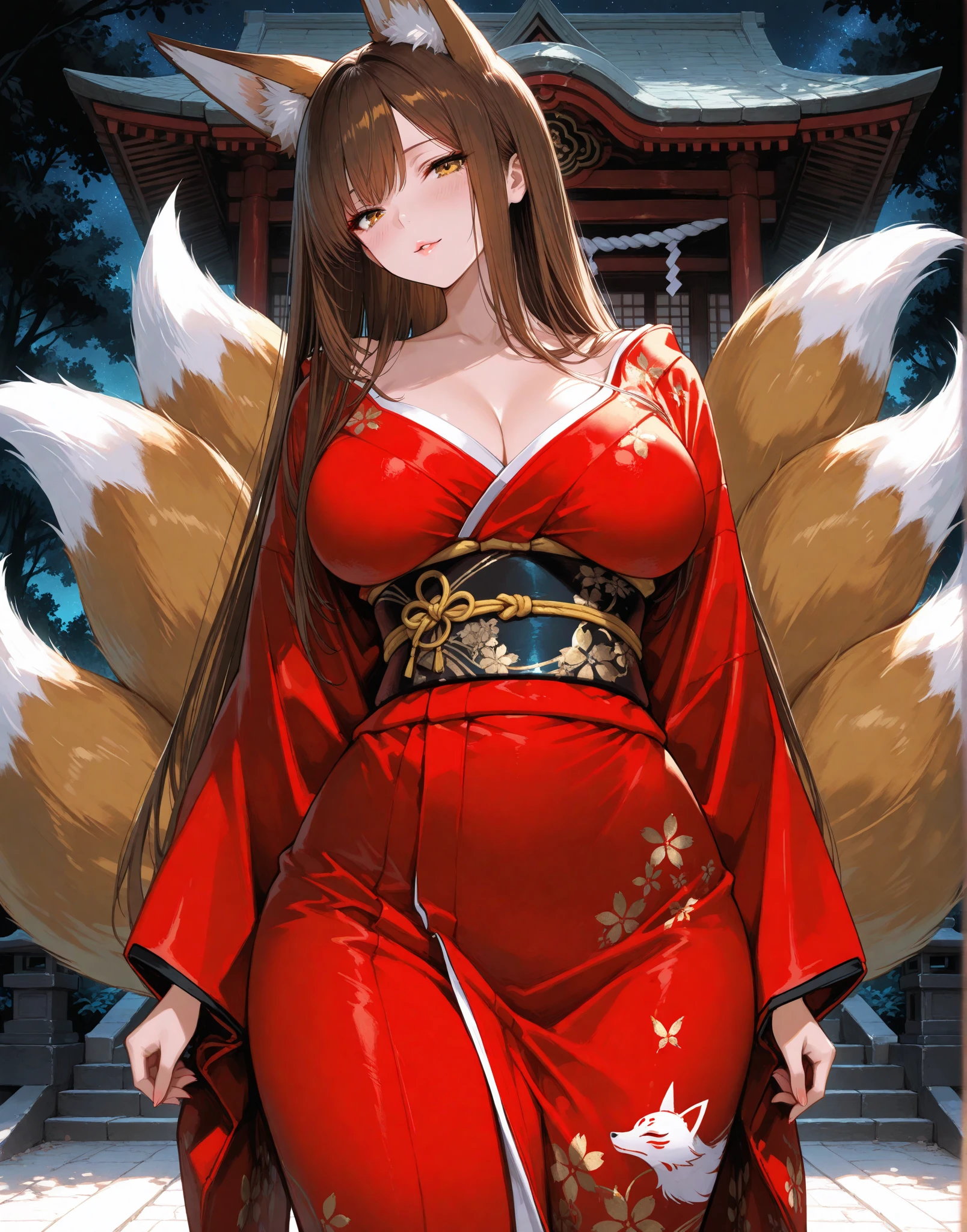 1 girl, long golden hair, fox ears, only fox ears, crimson eyes, extremly detailed, blushing, (face perfect:1.1), (high detal:1.1), top-quality, huge breasts, sexy and seductive, wearing red and white erotic kimono kimono, tall women, long flufy nine fox tails, multiple tails, thicc thighs, wide hips, smile, horny, absurdes, high res, ultra sharp, 8k, masterpiece, looking at viewer