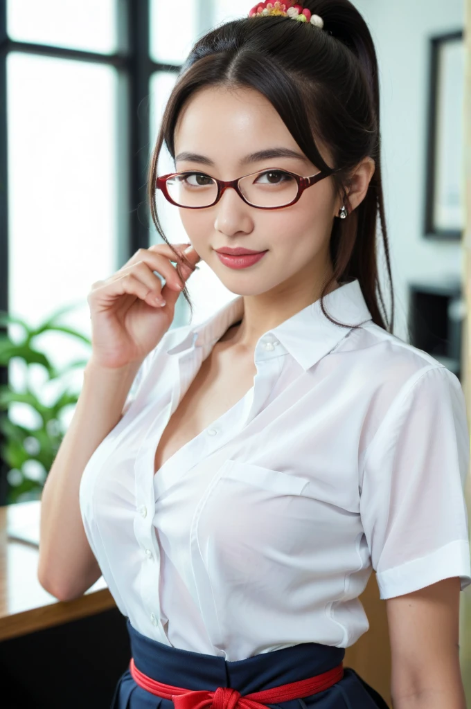 1 woman， black hair color hair， short ponytail hair， clear thin frame glasses， thinking face，ssmile （Wear button-down shirts， Large breasts）， sitting down， Learn， off and on， lying on the table， get a pencil， opened book， nerds， glass of milk， table light， off and on， in library， wall decorate， Mini library， glass window， wall clock， off and on， Movie Lighting， realistically， tmasterpiece， Best quality， Complex CG，The face is very detailed，High detail eyes，There is milky flowing on the surface of the chest skin