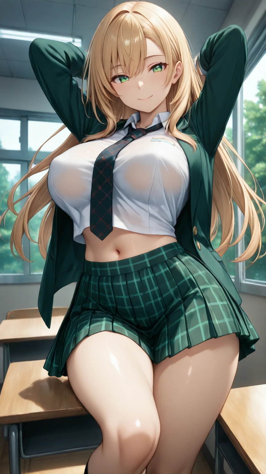 (Highest quality, 8K, 4K, High resolution, masterpiece:1.2), Very detailed, Anime Style:0.9, Realistic, Bright colors, Written boundary depth, Blurred Background, alone, 1 female, (blonde, Long Hair, Dark brown eyes), Beautiful facial details, Beautiful Eyes, Long eyelashes, Soft lips, (Small face), (smile:1.3), Rear View, ((uniform:1.2, )), classroom, (She climbs onto the desk and spreads her legs wide open to show it off), Lace Underwear, Big cleavage,Expressions of ecstasy, Sweat, Blushing, My body is soaked,Wet Panties,Cloudy semen splattered on her chest,