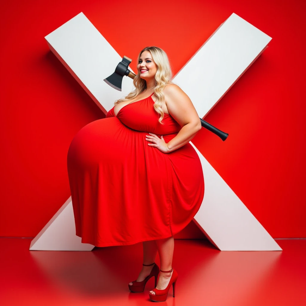 Full body shot of a beautiful blonde with a curvy body and large breasts. Vanna White. Wearing a low-cut gold spaghetti strap top with a pair of red french-cut panties. Red fishnet thigh-high stockings. Gold high heel shoes. Standing by the letterboard on Wheel of Fortune