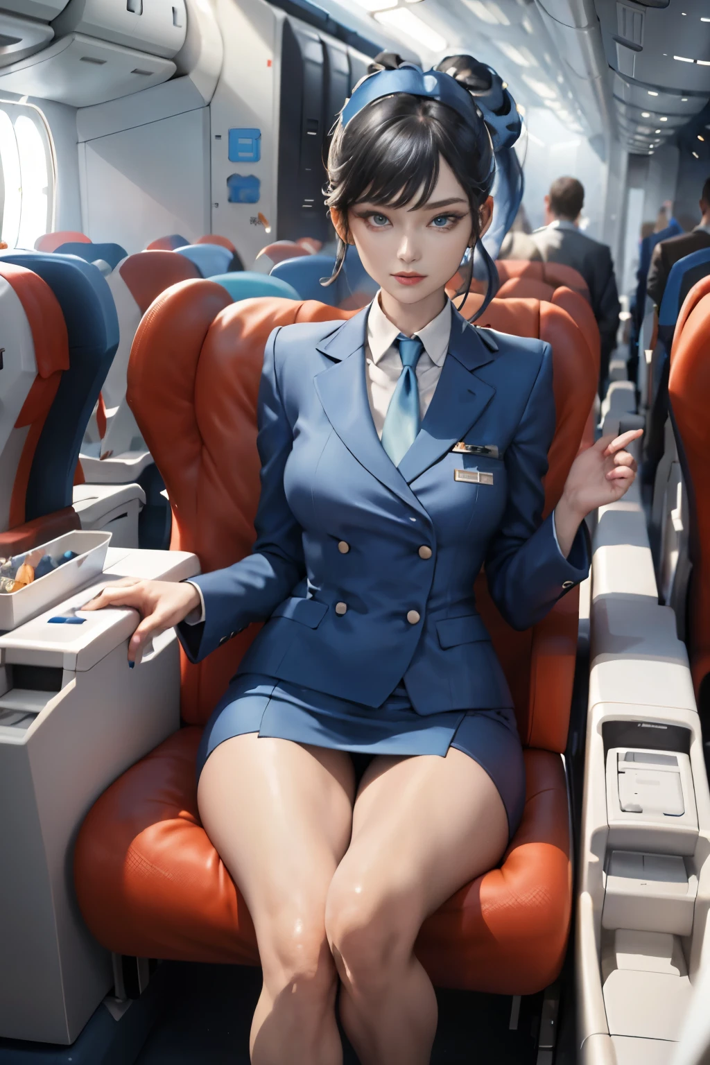 (masterpiece:1.2, highest quality), 1 female, alone, flight attendant, tight uniform, perfect hands, plane, Services for passengers, Providing safety precautions, Emergency response, bangs, (shiny skin:1.15),