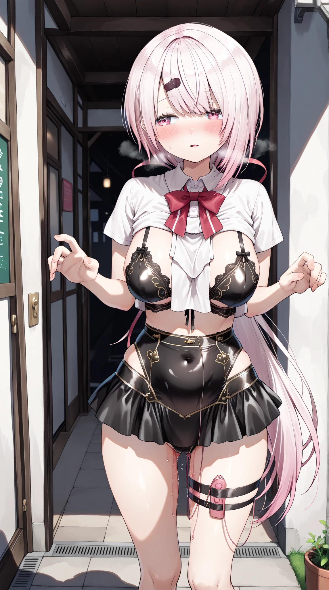 (Nsfw),Hayatakagi, Hajime Takagi, Long hair, bow ribbon, (Twin-tailed:1.3), (Brown eyes:1.5), Hair Ribbon, Pink hair, (eye glasses:1.3),,(looking at the viewers:1.3),BREAK (masutepiece:1.2), Best Quality, High resolution, Unity 8k Wallpaper, (Illustration:0.8), (Beautiful detailed eyes:1.6), extra detailed face, Perfect Lighting, extremely details CG, (Perfect hands, Perfect Anatomy), big hotel room,Naughty big、thighs thighs thighs thighs、solo, very big breast, detailed nipples, deep cameltoe, barely spread legs, caderas anchas, ultra small high leg string thong, translucent stockings, perfect round detailed and realistic nipples, detailed vagina, daylight illuminated, black transparent super ultra small lace lingerie, with an realistic detailed combat knife in on hand in the most erotic pose, showing her beautiful nipples, super short mini school skirt upskirt, full body picture 