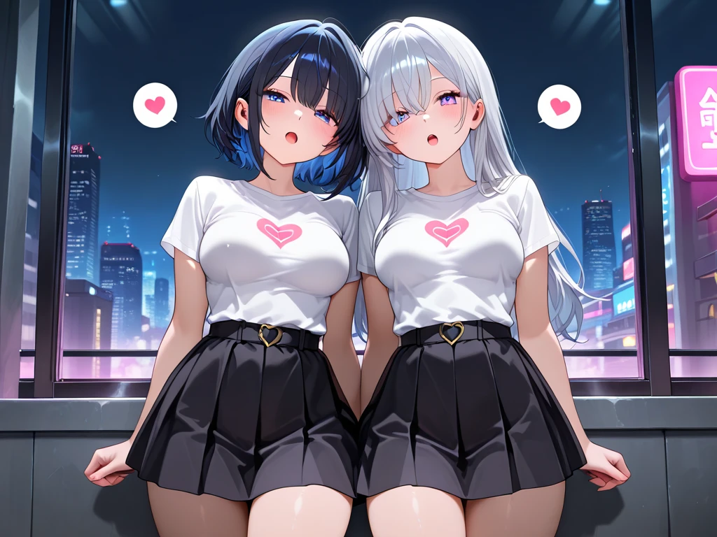 Two women are hugging each other, touch one's crotch, (a woman has green eyes, White skin, long black hair, ponytail, choker, , lipstick, assembly, eyeliner), (The other girl is blonde with brown eyes), Wearing neon sexy outfits, In the pool, (cyberpunk theme), (masterpiece, best quality, 8k, sharp focus, depth of field, best shadow, perfect lighting, HDR, realistic skin texture, Very detailed and detailed background), Two arms and five fingers detailed, anatomically perfect for the human body.