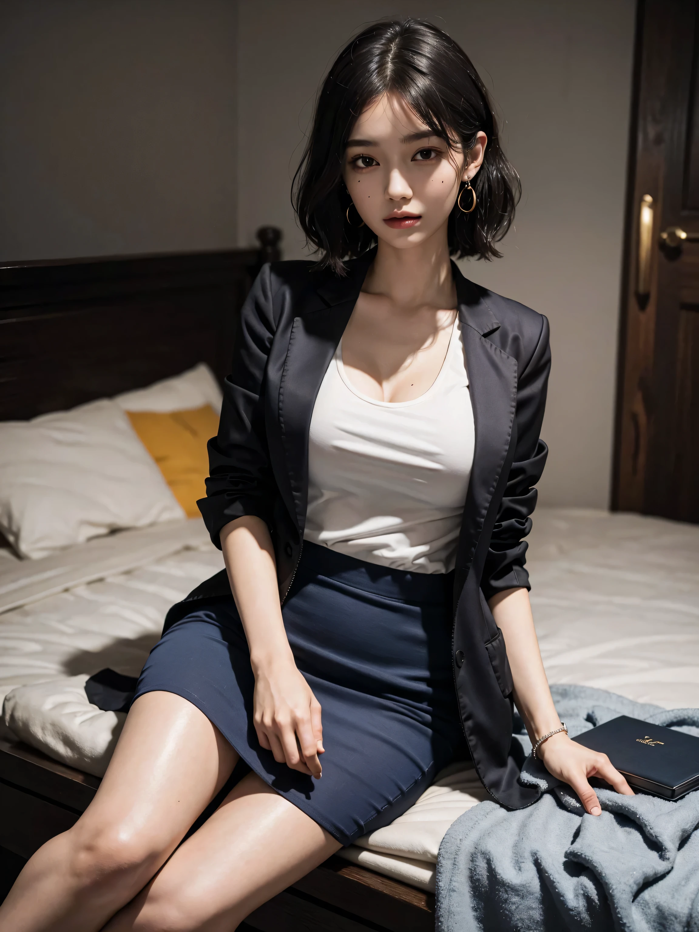 disorganized, RAW photo, very delicate and beautiful, masterpiece, highest quality, ultra high resolution, 16k, surreal, super detailed, perfect anatomy, super dense skin, perfect figure, Highly detailed CG 8k wallpaper, 20's, very slim body, (tight waist:1.2), very small head, very small face, delicate features, tearful mole, earrings, thin legs, (very huge round breasts:1.2), (full body shot:1.3), short middle hair, wavy hair, (barefoot:1.1), (suit:1.3), (camisole:1.1), skirt, (Jacket:1.1),