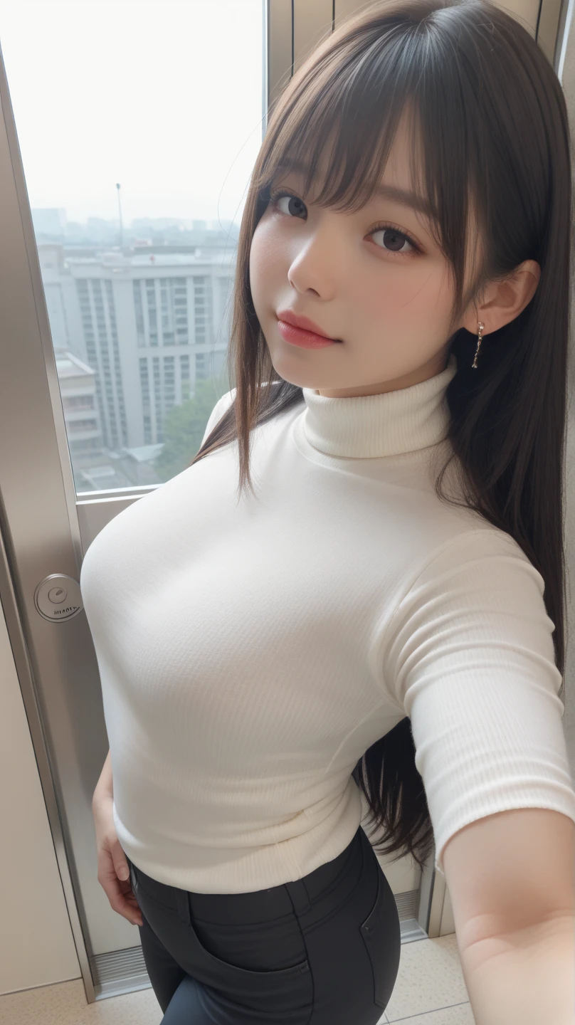 ((Realistic lighting、top-quality、8K、masterpiece:1.3))、Clear focus:1.2、1girl in、Beautiful woman with perfect body shape:1.4、Highly detailed facial and skin texture、hyperdetailed face、Detailed lips、A detailed eye、二重まぶた、Brown hair、eye line、eyeshadows、makeup、Tight clothes、(turtleneck shirt、a miniskirt:1.1)、(huge-breasted:1.2)、cleavage of the breast、Sitting on a chair、On the train、