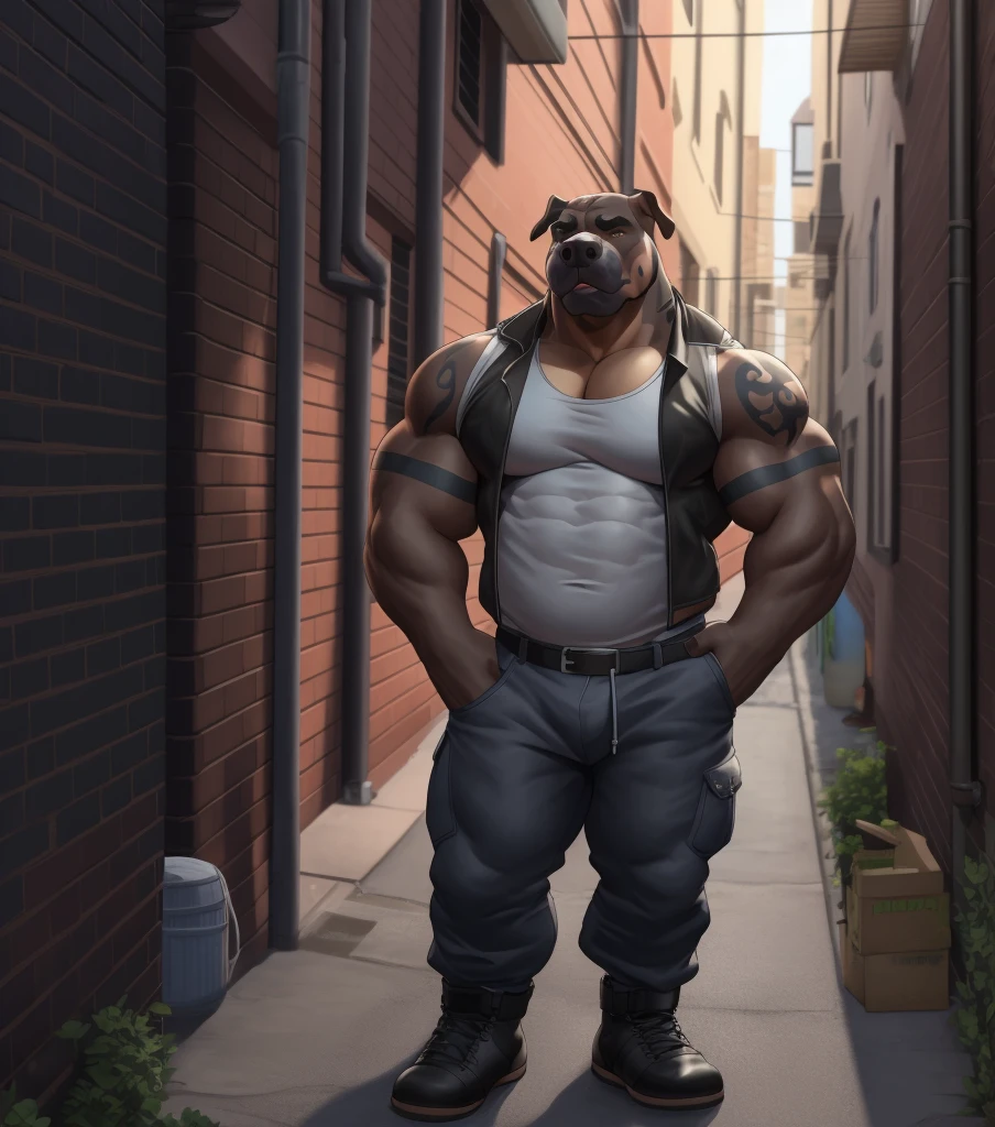 solo, anthro (Neapolitan mastiff, cane corso), full ears, brown and gray skin, detailed eyes,Street: 1.6, sweat, heavy breathing: 1.5, correct anatomy, biceps, (muscular) thin, tattoo, veins all over the body, street background and parked antique cars, 8k hd, dark shadows, detailed speedo, big underwear bulge