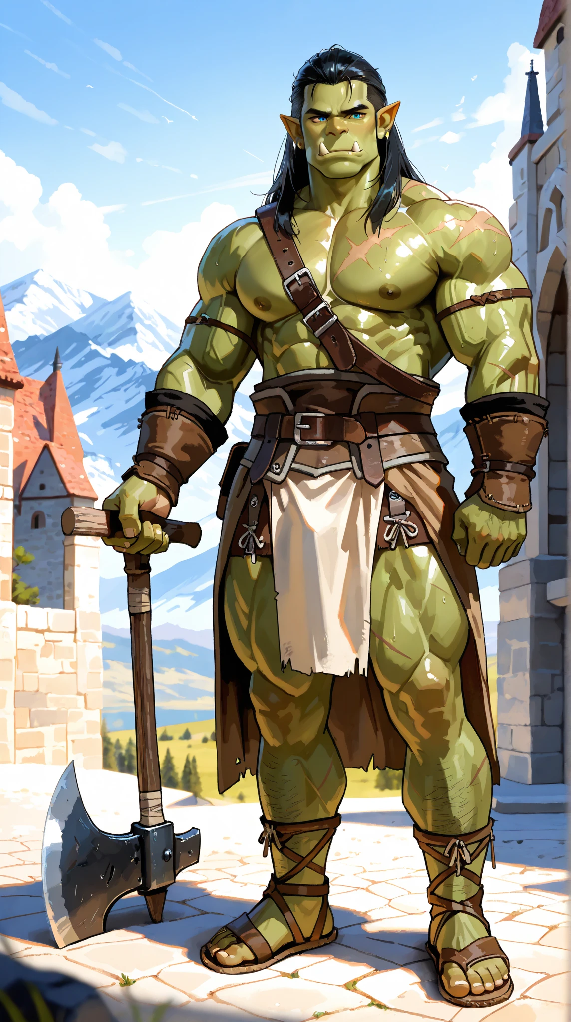 score_9, score_8_up, score_7_up, solo, male focus, mature male, orc, green skin, tusks, beard, outdoors, micro armor , shoulder armor, breastplate, upper body, closed mouth, pauldrons, night, night sky , (( micro-thong:_Pattern_designs_thongs_perspire_massive pec_Get wet all over your body))  , full body , boots , bulge , laying spread legs , legs up , His body was wet with cum