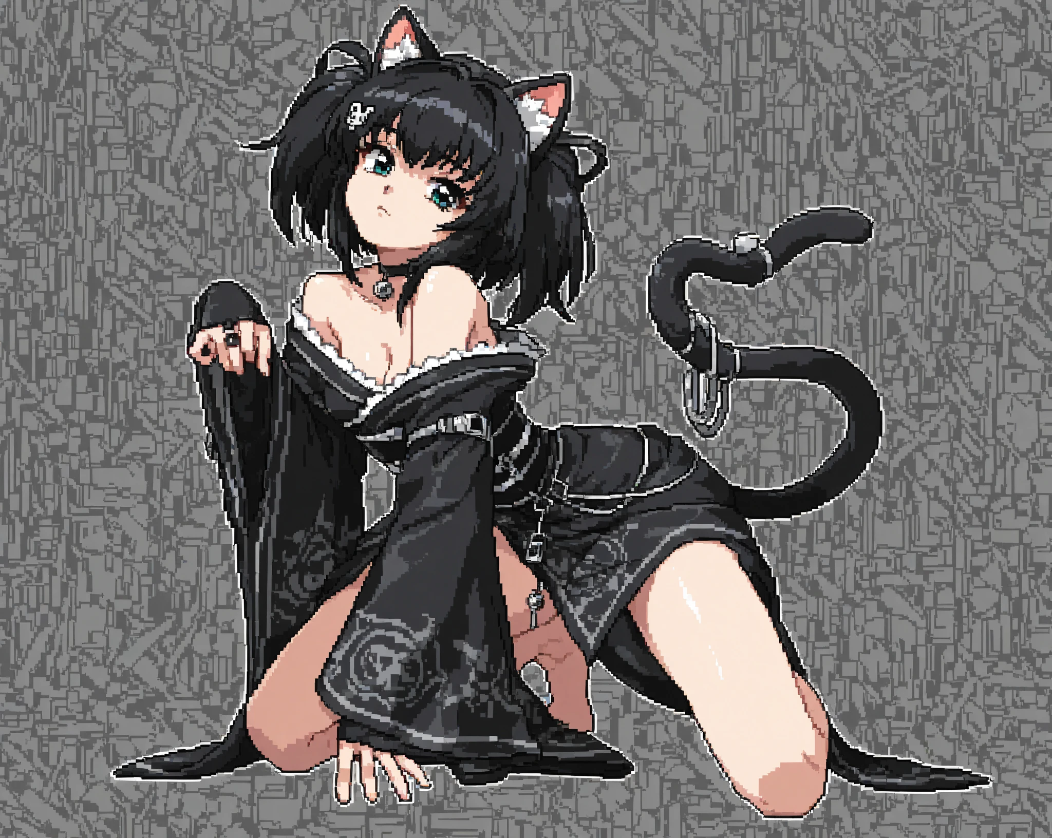 <lora:ham_rifl:0.8>, monochrome, oekaki, 

above waist portrait, cute audrey hepburn wearing white camisole white lingerie outfit maid costume, black hair black cat ears, vivid colorful eyes, black leather choker, large breasts size, proportional body